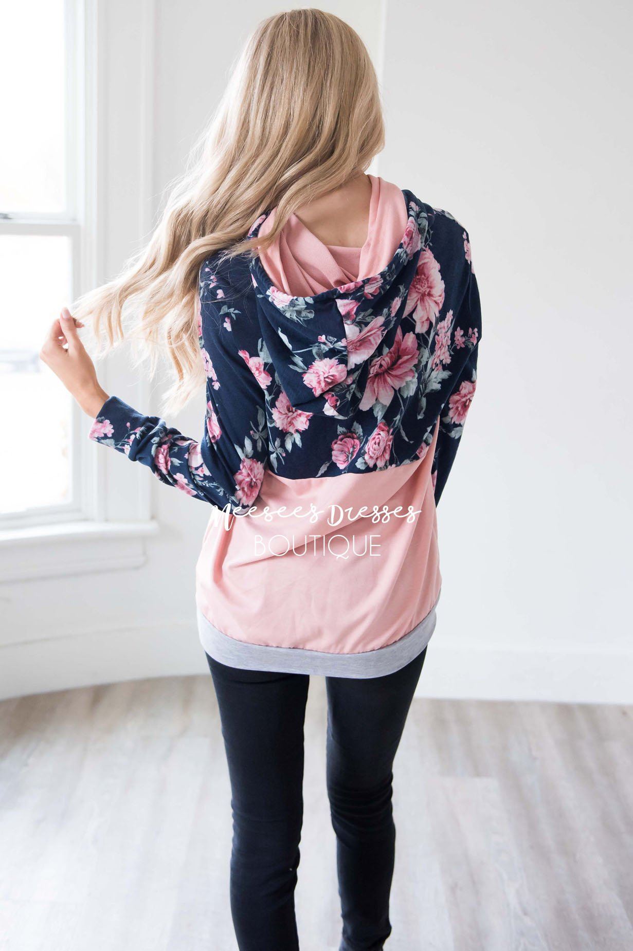 Navy Floral & Pink Colorblock Hoodie Tops vendor-unknown 
