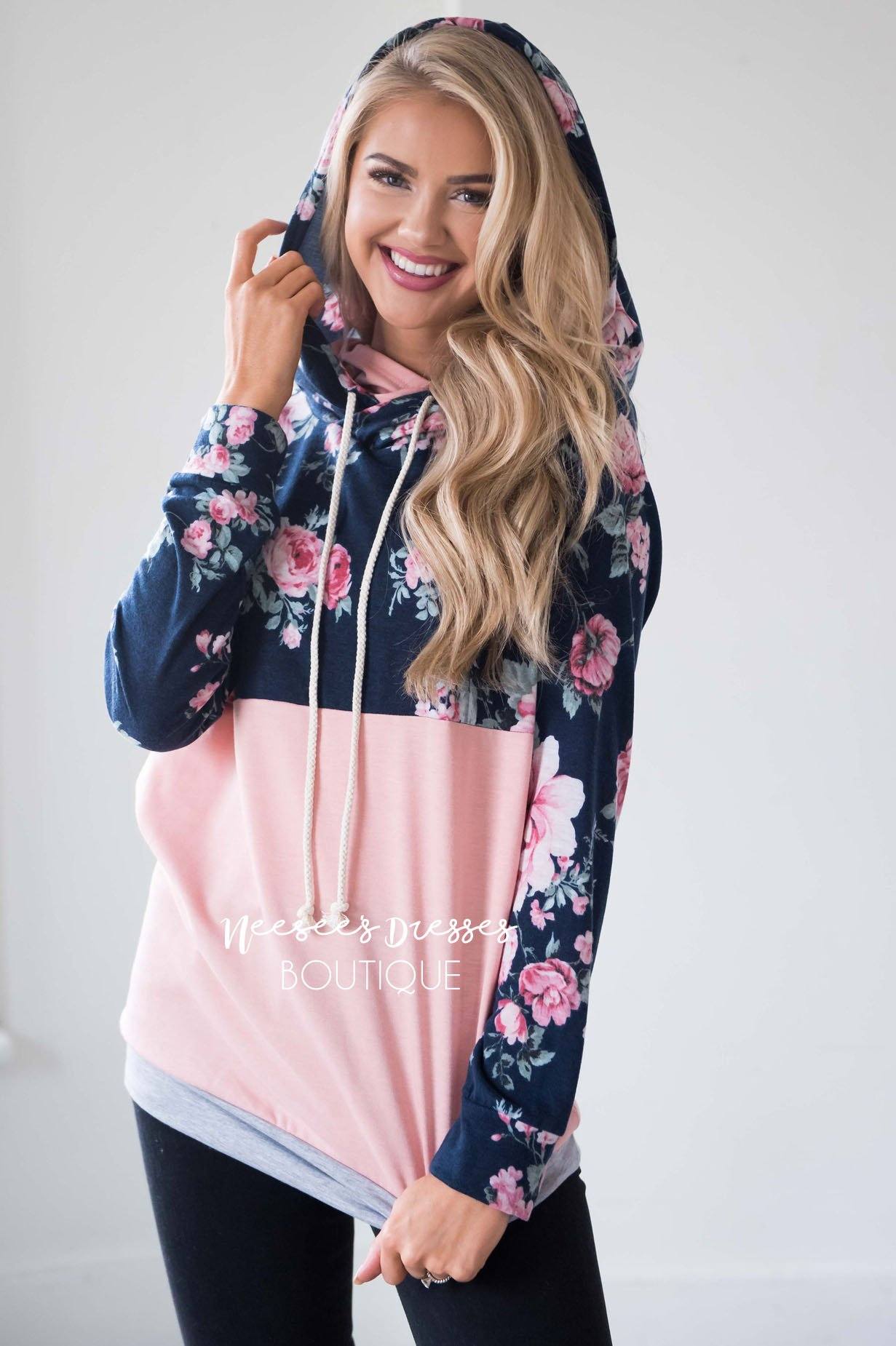 Navy Floral & Pink Colorblock Hoodie Tops vendor-unknown 