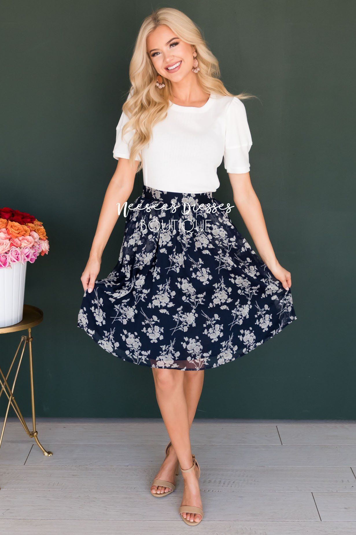 Navy & Cream Floral Chiffon Skirt Skirts vendor-unknown 