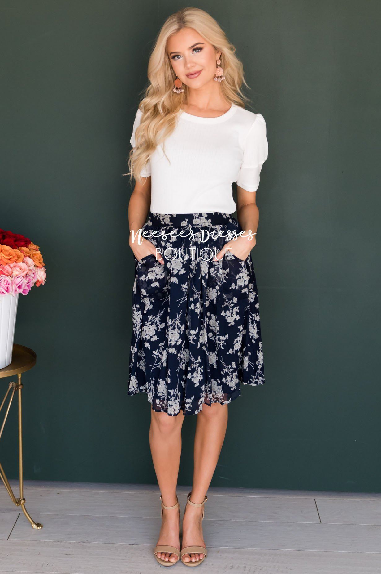 Navy & Cream Floral Chiffon Skirt Skirts vendor-unknown 