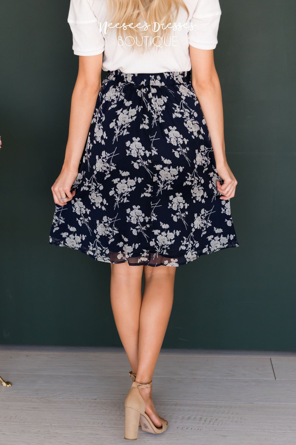 Navy & Cream Floral Chiffon Skirt Skirts vendor-unknown 