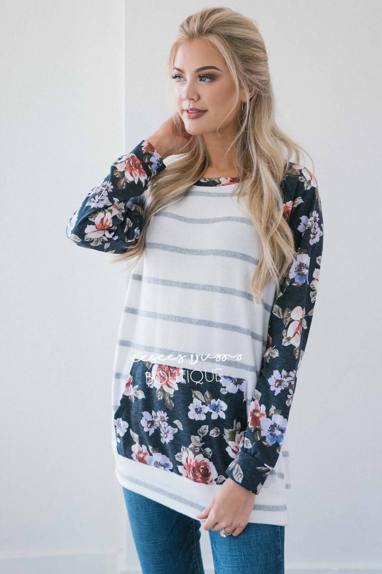 Sweater Weather Floral & Stripes Sweater Tops vendor-unknown 
