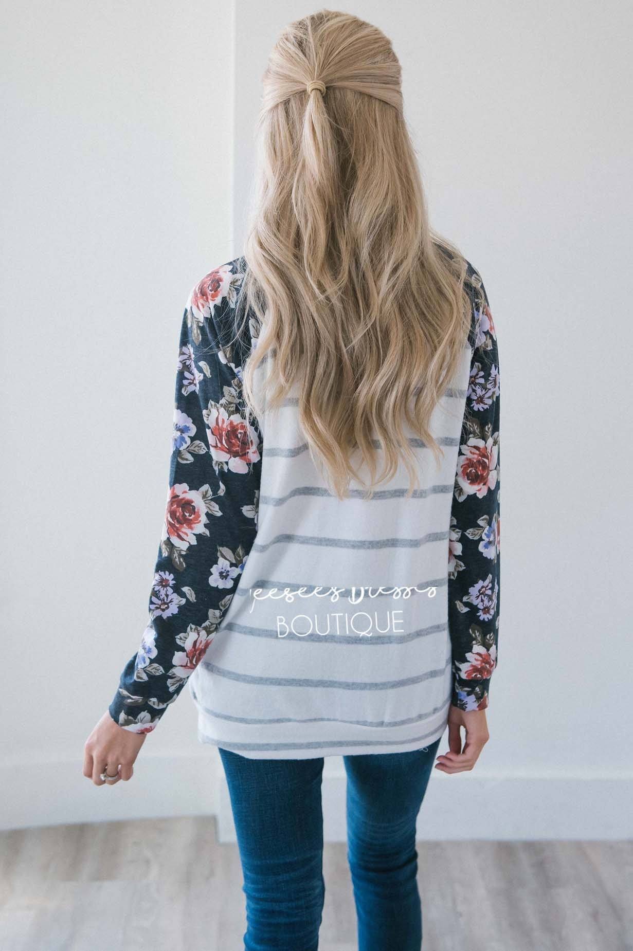 Sweater Weather Floral & Stripes Sweater Tops vendor-unknown 