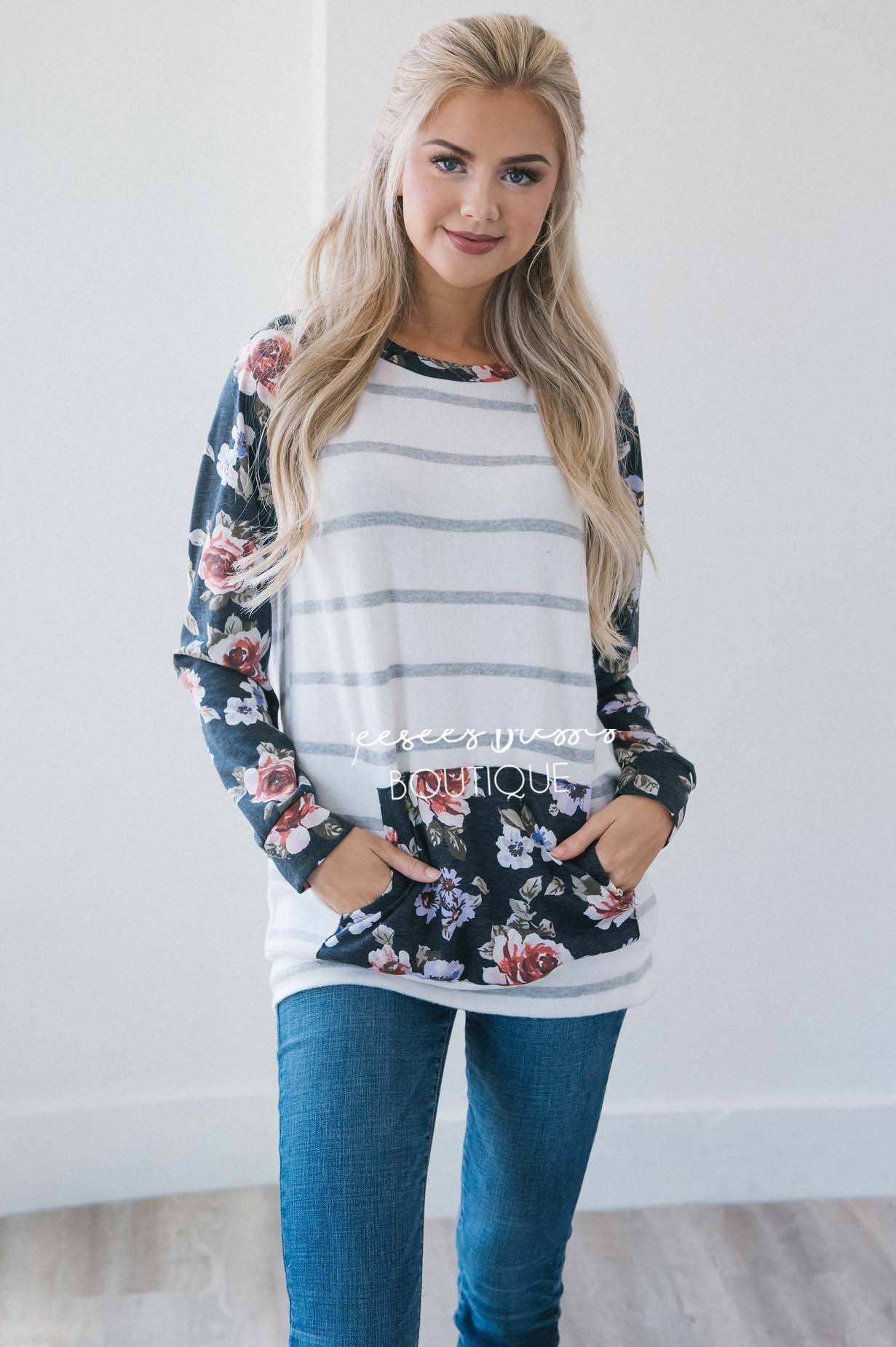 Sweater Weather Floral & Stripes Sweater Tops vendor-unknown 