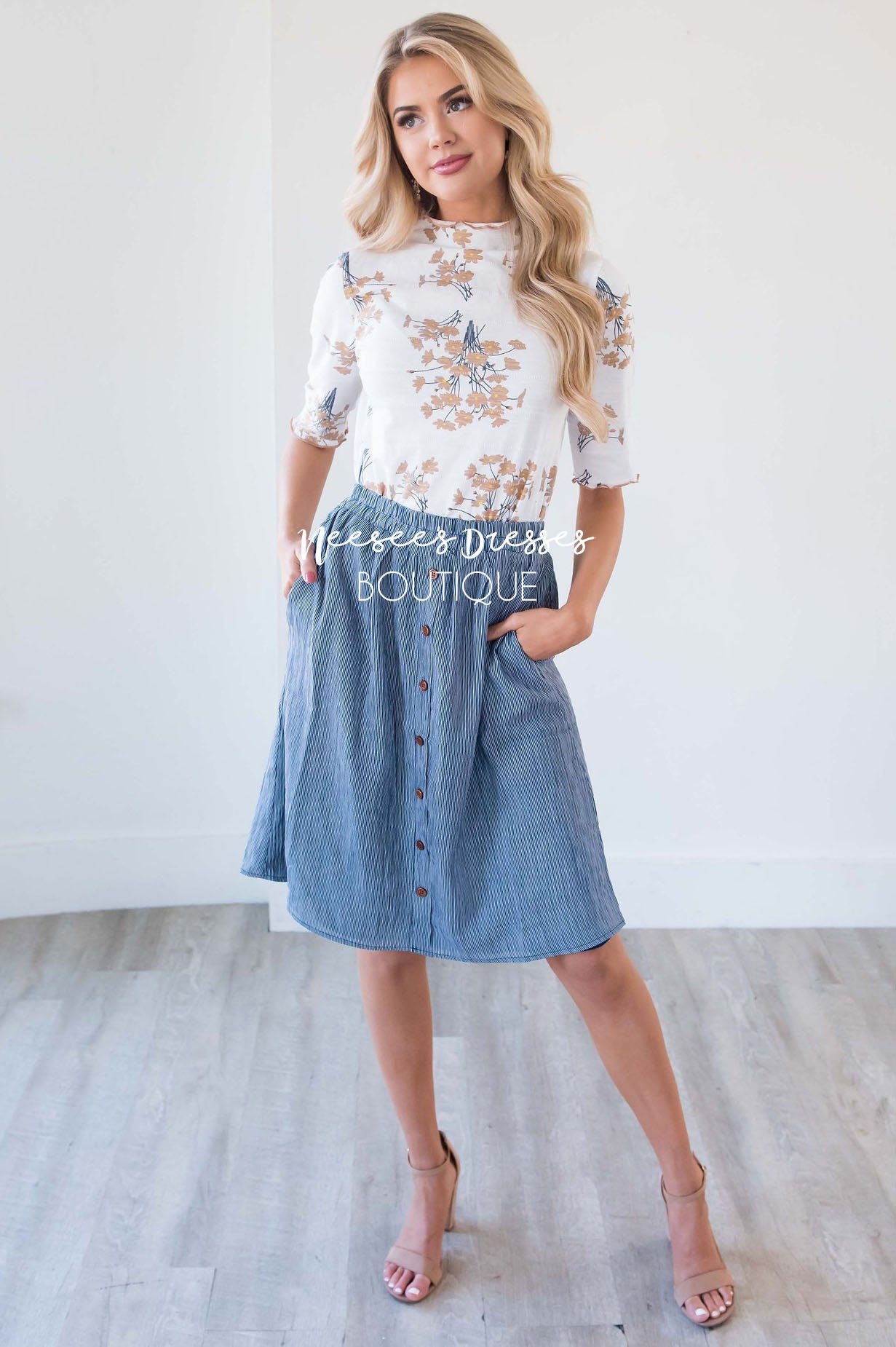 Navy Pinstripe Button Detail Skirt Skirts vendor-unknown 