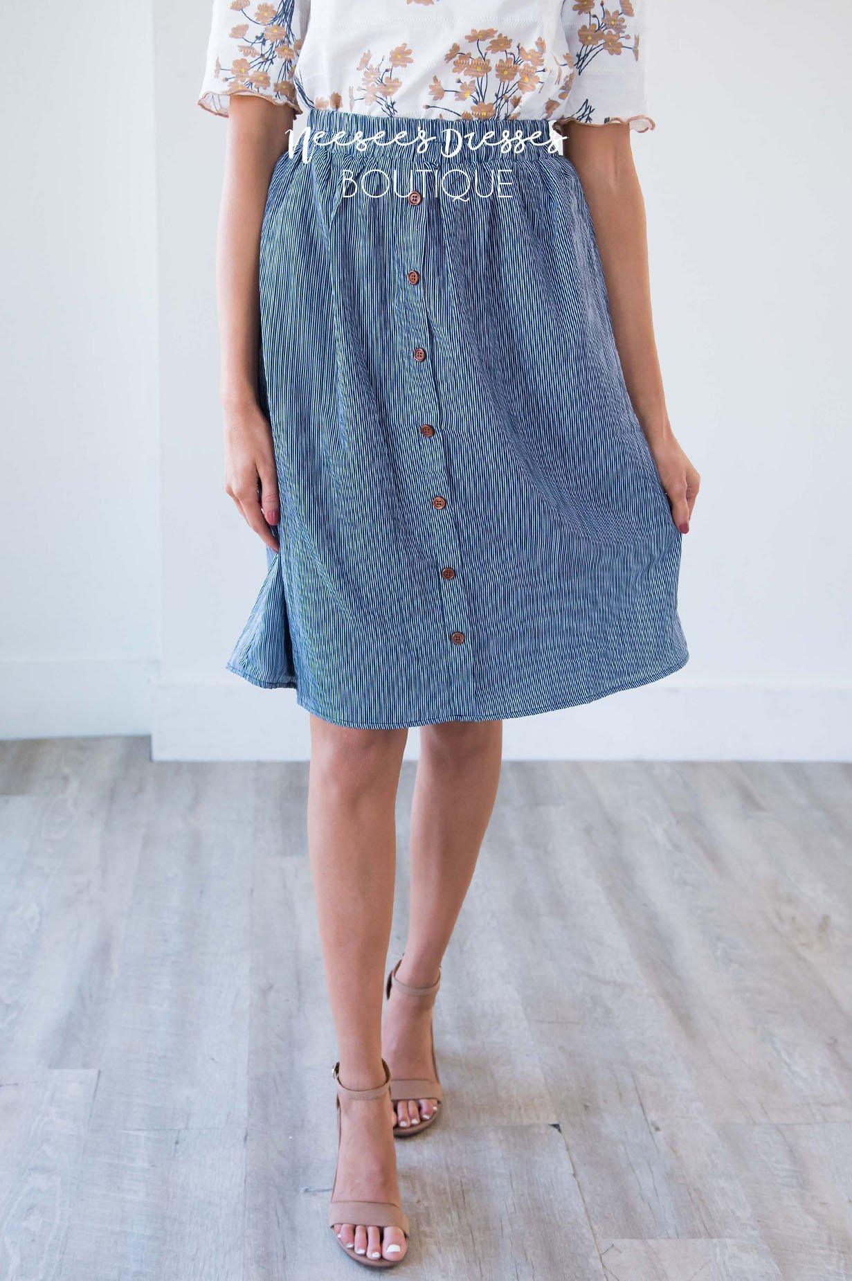 Navy Pinstripe Button Detail Skirt Skirts vendor-unknown 