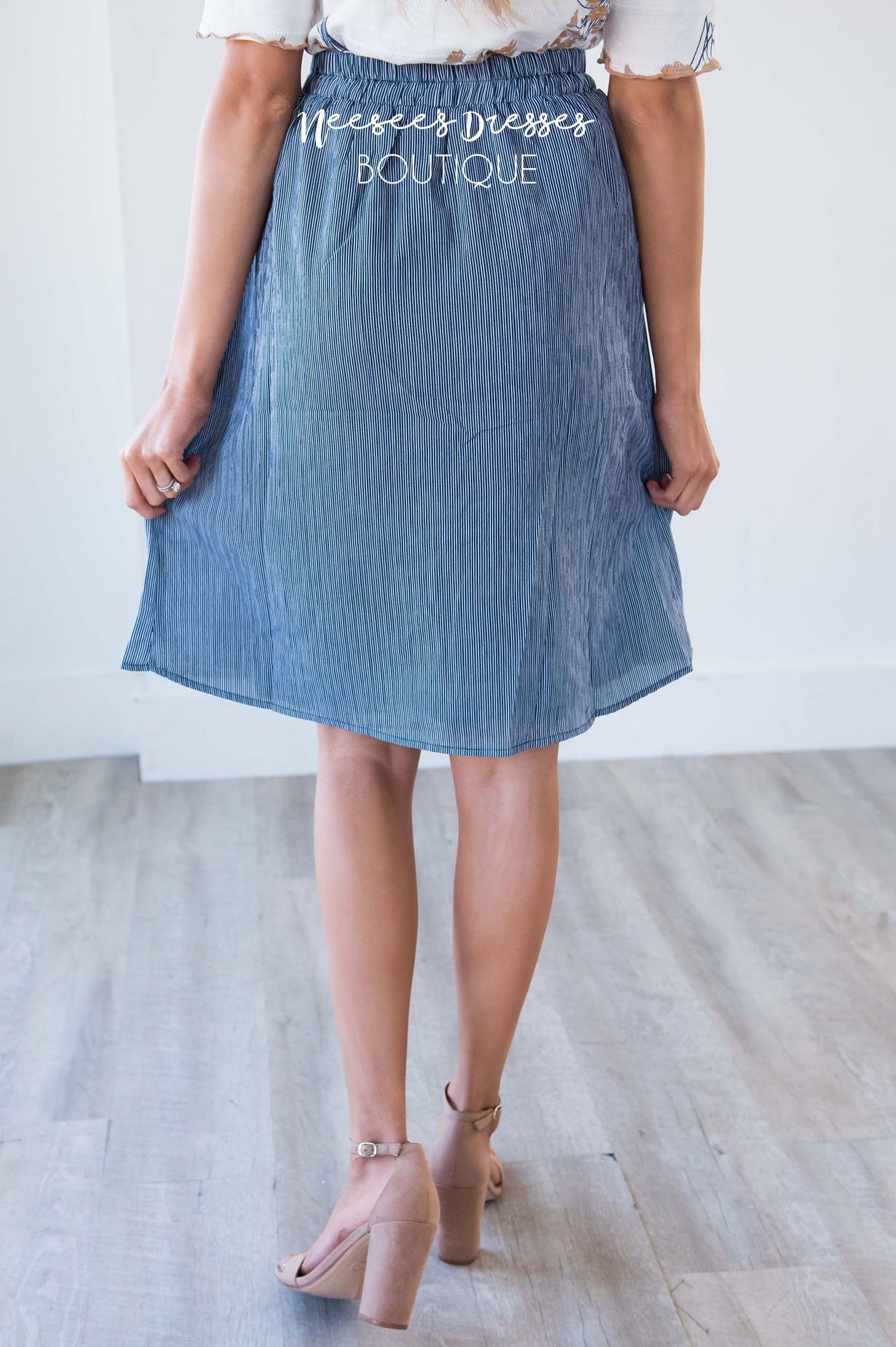 Navy Pinstripe Button Detail Skirt Skirts vendor-unknown 