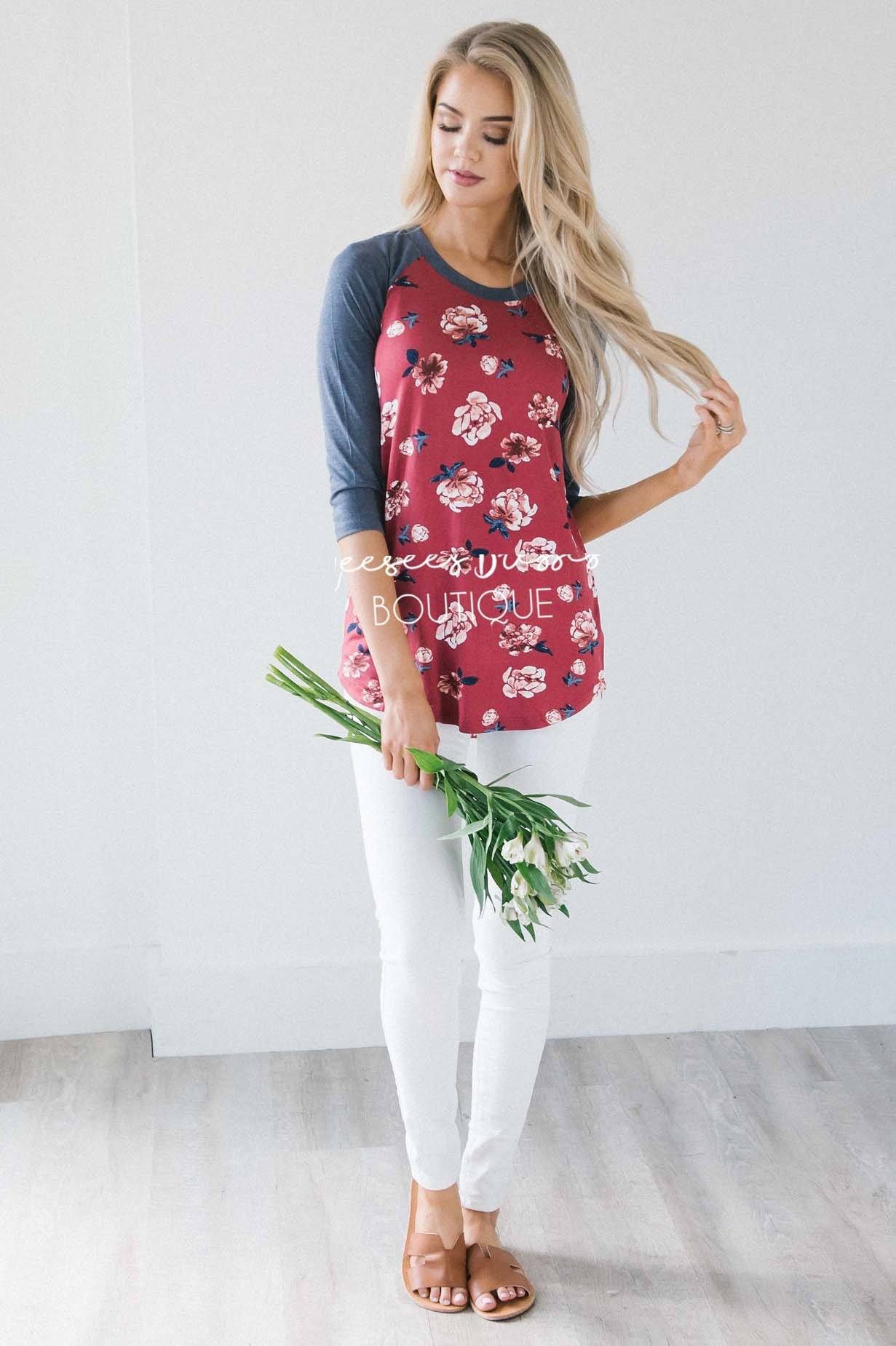 Wine Floral Navy Sleeve Baseball Tee Tops vendor-unknown 