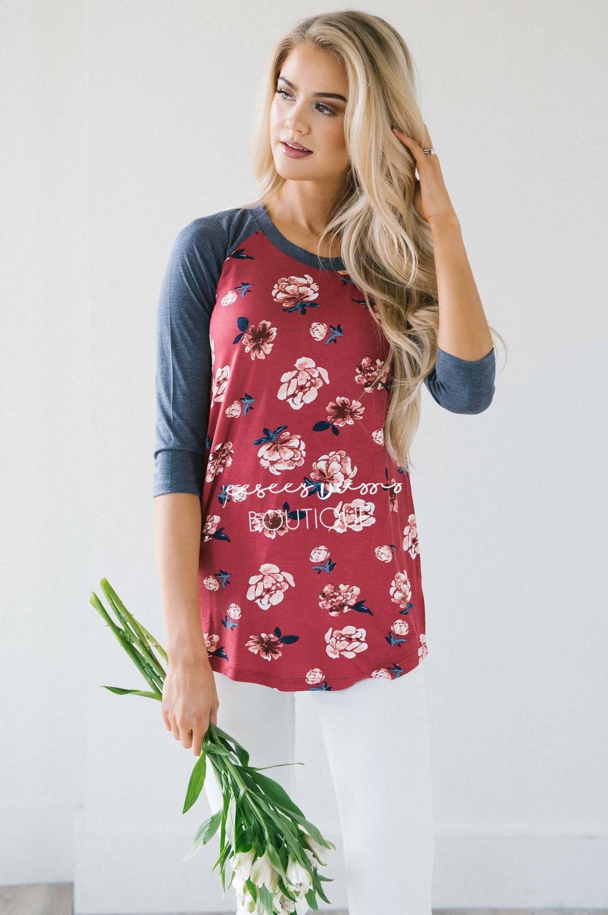 Wine Floral Navy Sleeve Baseball Tee Tops vendor-unknown 