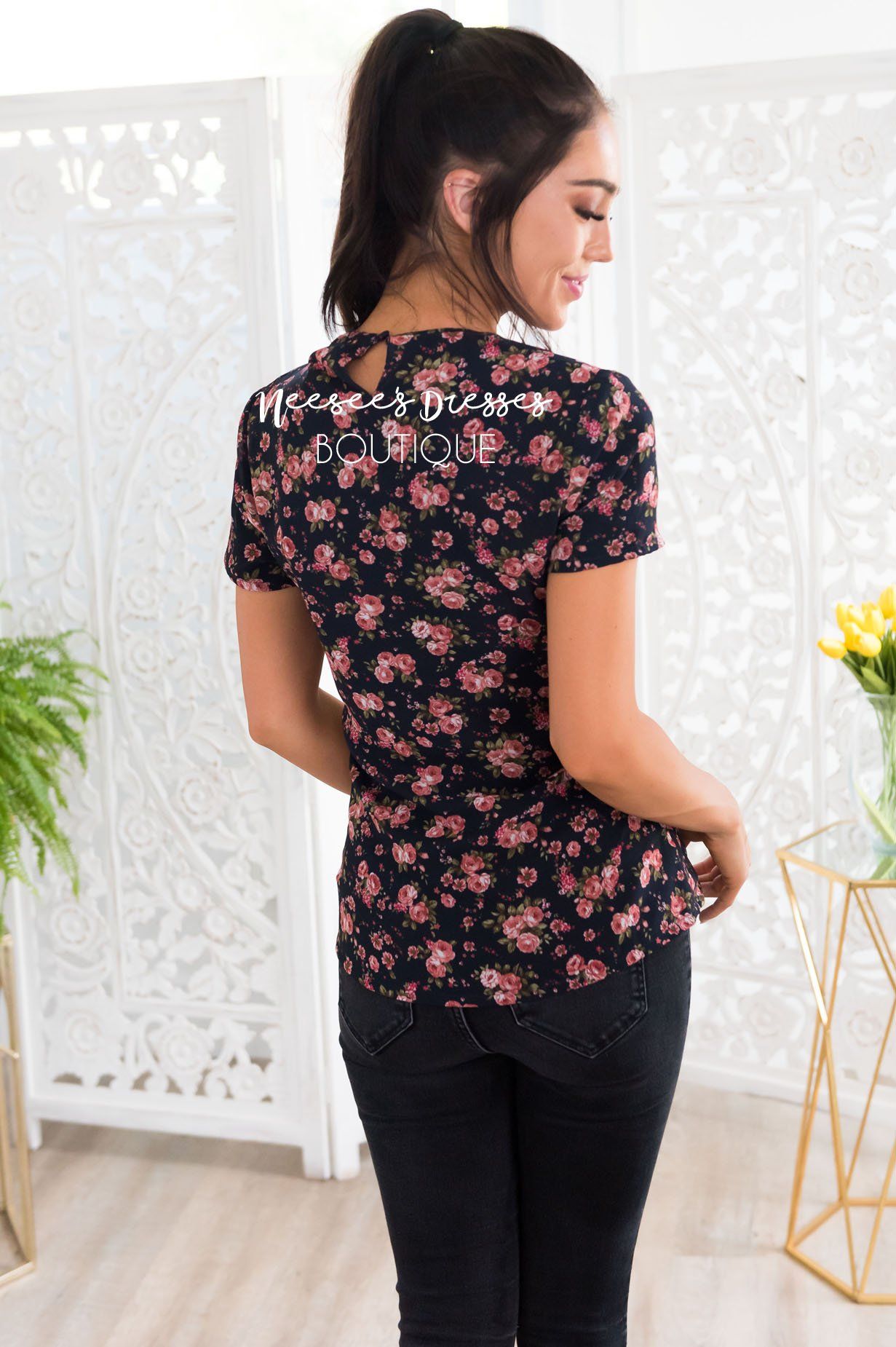 Navy & Mauve Floral Top Tops vendor-unknown 