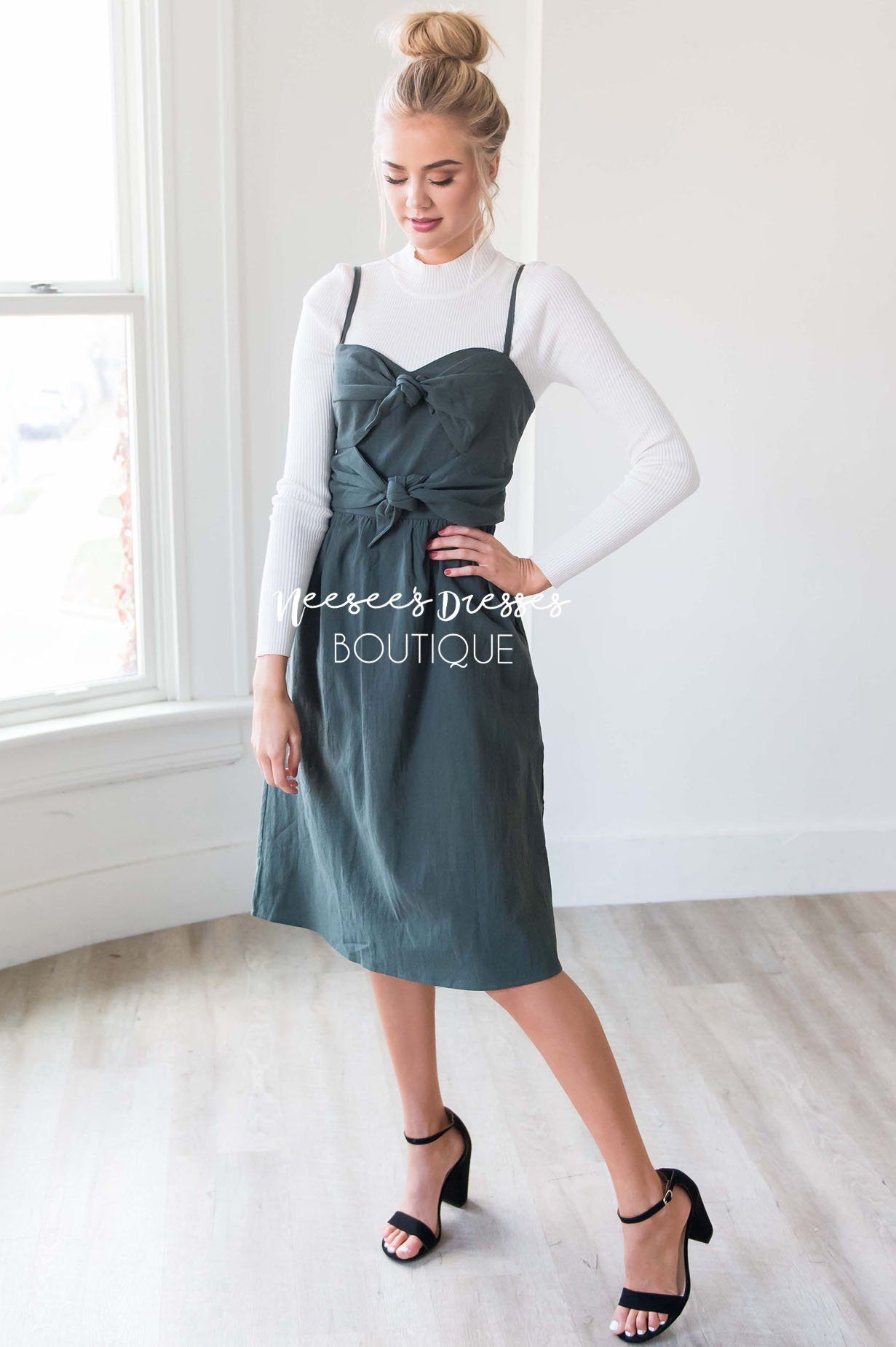 The Amelie Bow Detail Overall Dress Modest Dresses vendor-unknown 