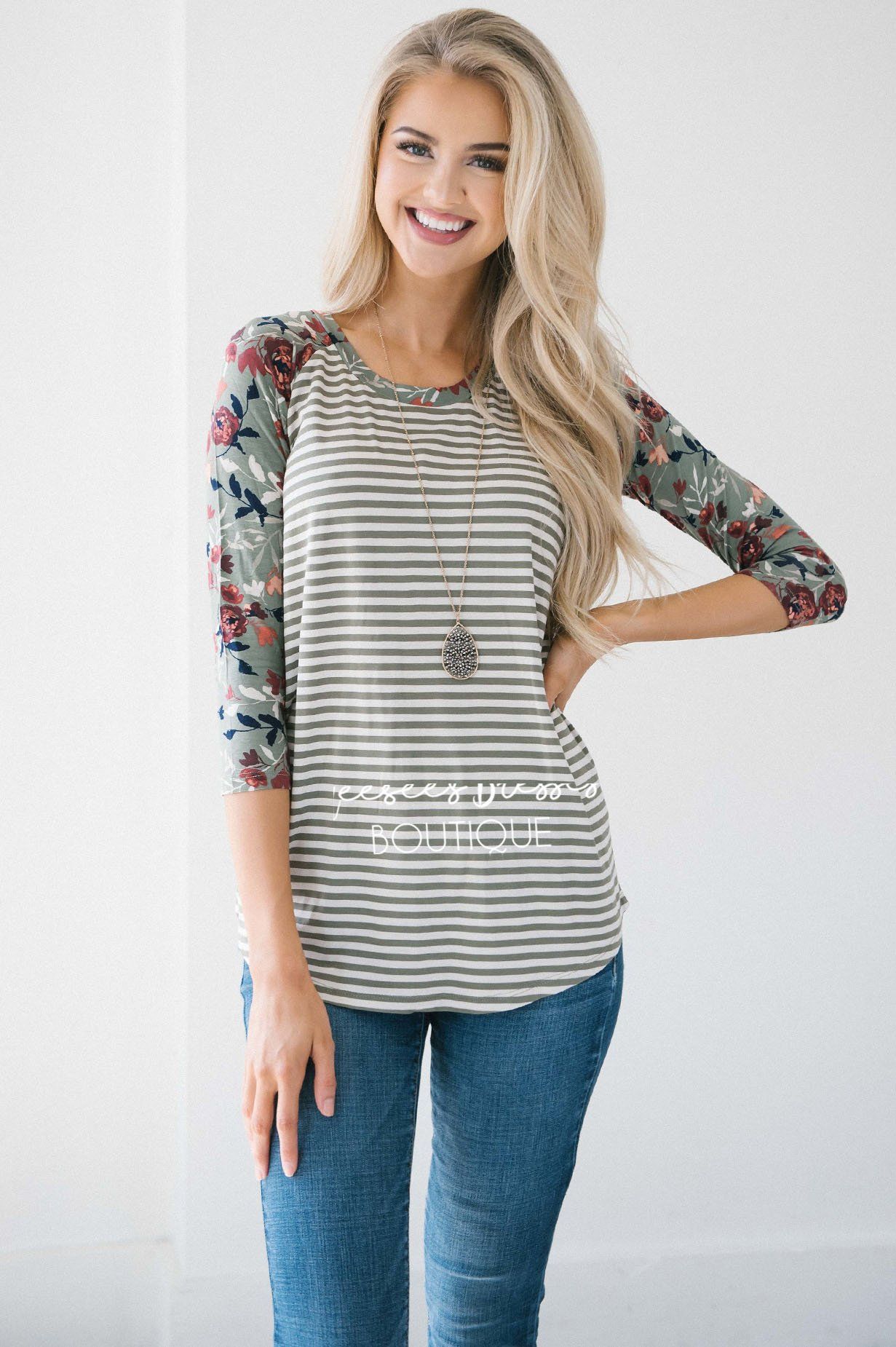 Olive Stripes Floral Sleeve Baseball Tee Tops vendor-unknown 