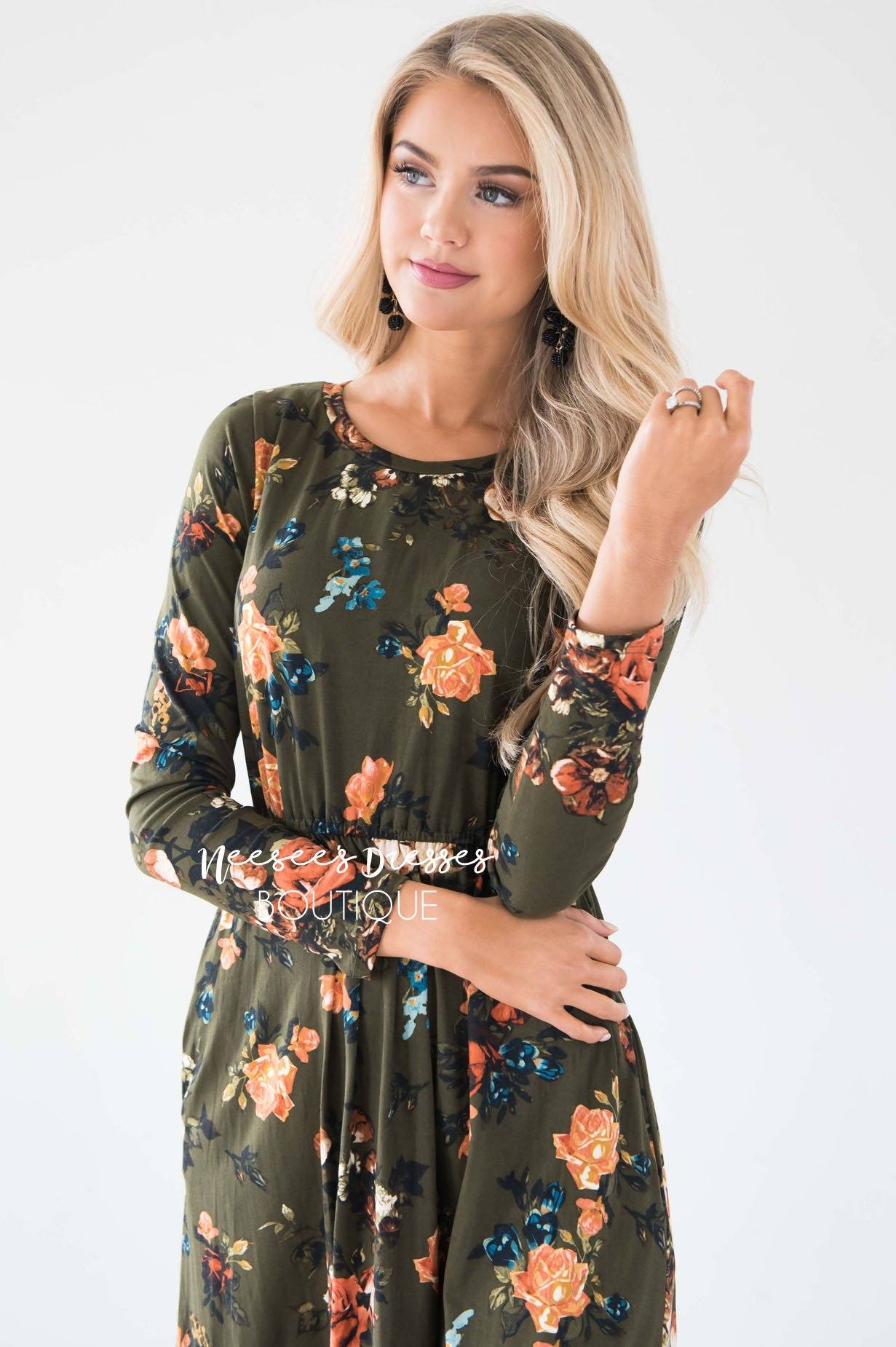 Olive In Bloom Long Sleeves Dress Modest Dresses vendor-unknown 