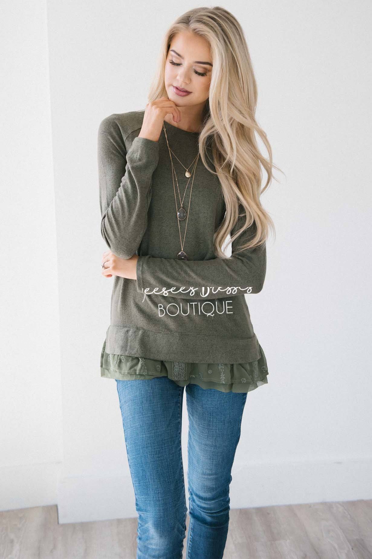 So Soft Lace Ruffle Hem Sweater Tops vendor-unknown 
