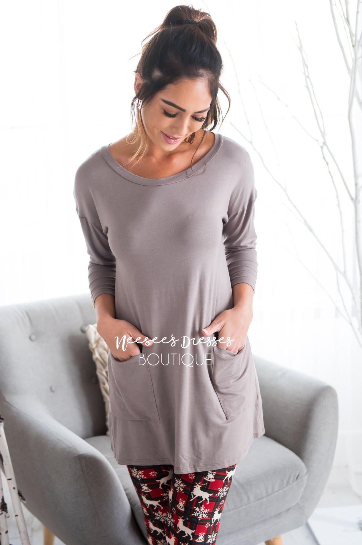Button Back Pocket Tunic Modest Dresses vendor-unknown 