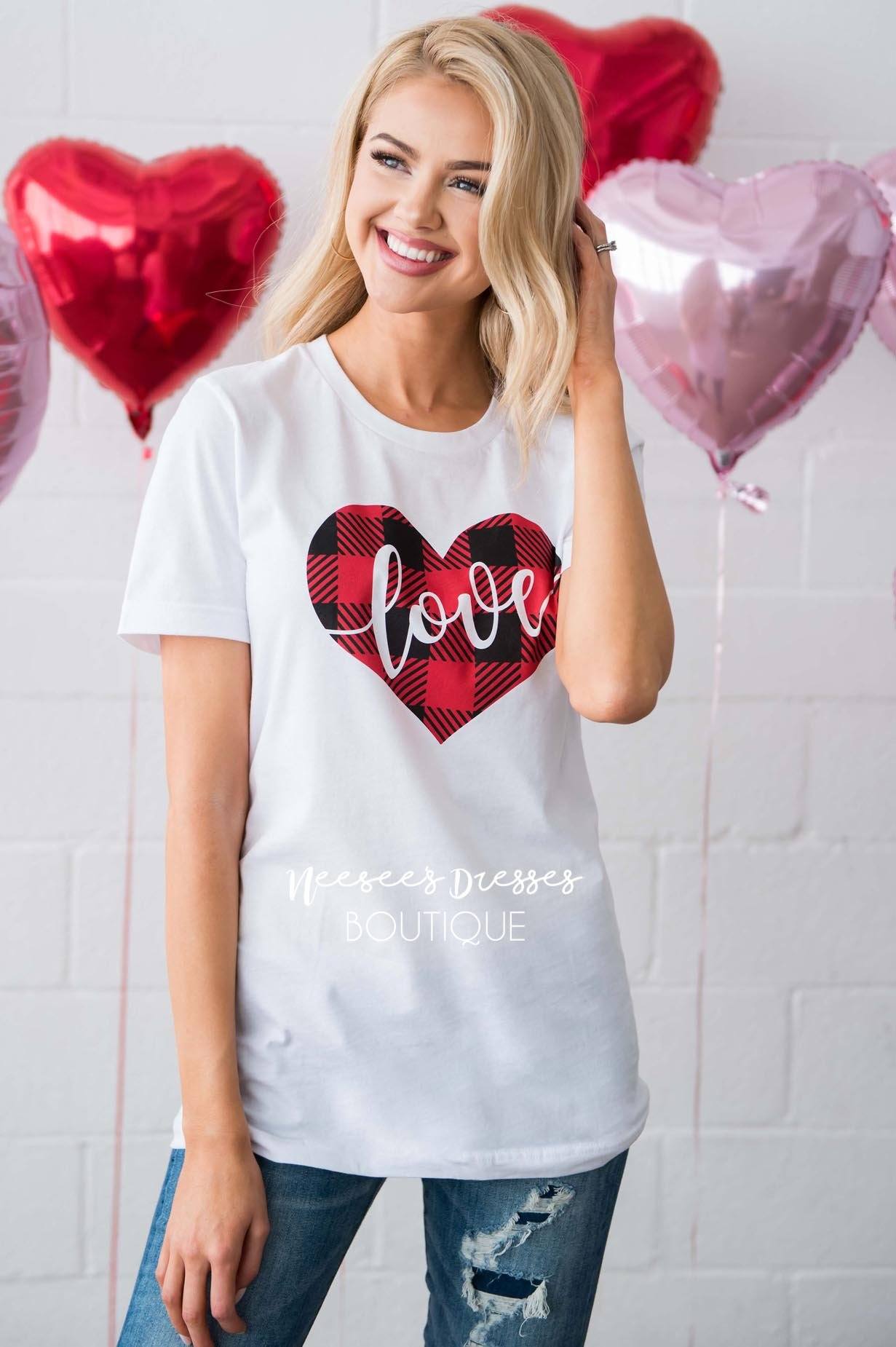 Plaid Love Heart Graphic Tee Tops vendor-unknown 