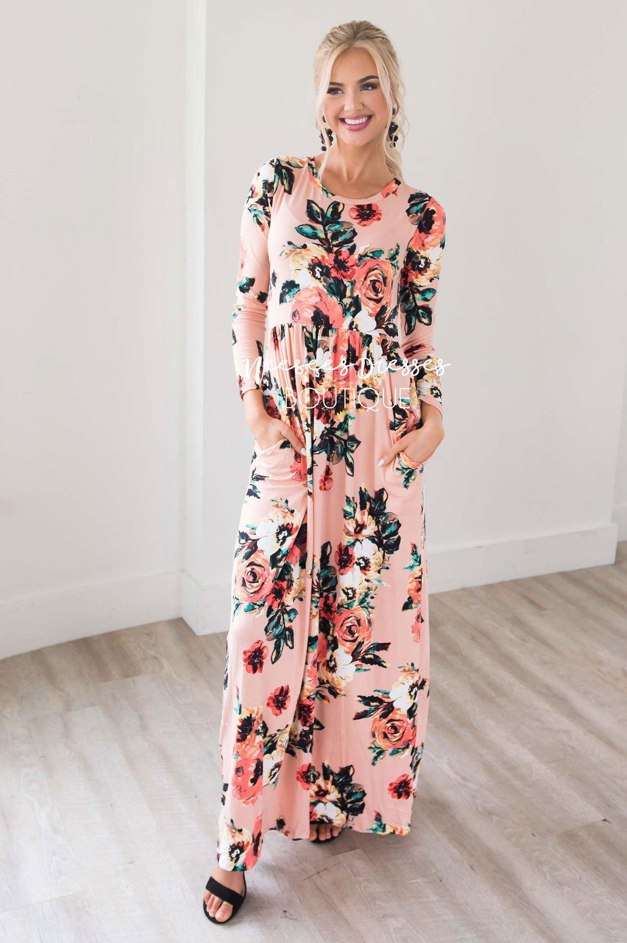 Peach Watercolor Long Sleeve Maxi Dress Modest Dresses vendor-unknown 