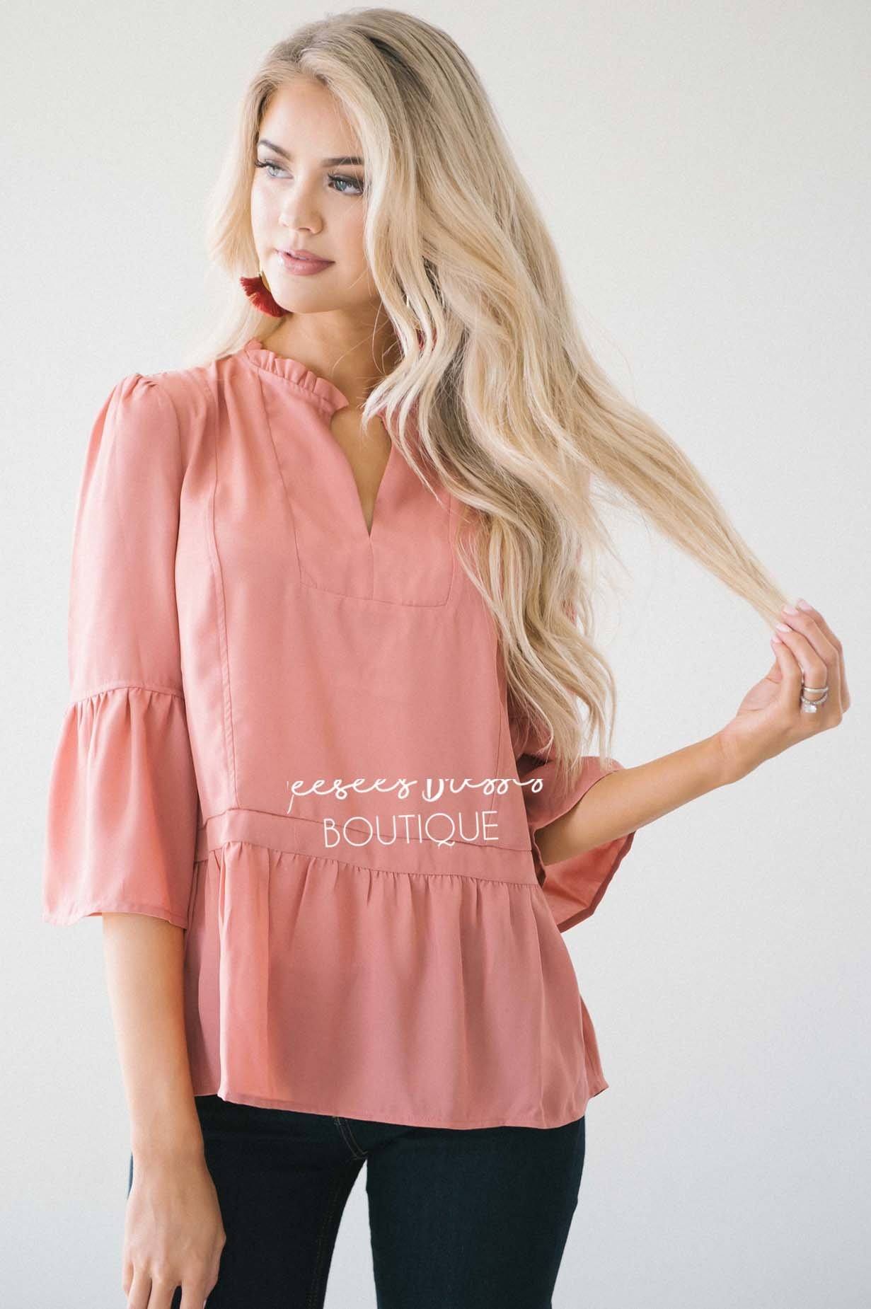 Ruffle Neck Bell Sleeve Peplum Blouse Tops vendor-unknown 