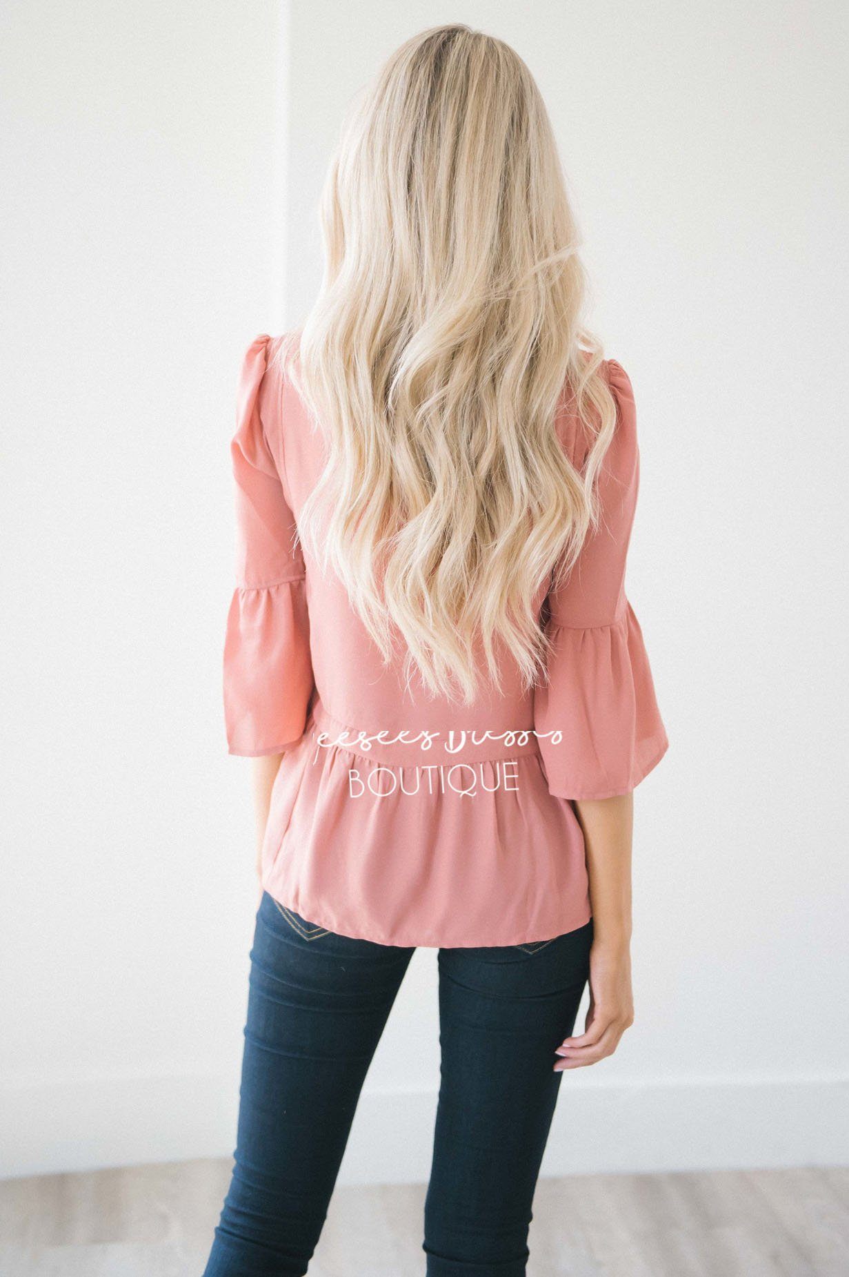 Ruffle Neck Bell Sleeve Peplum Blouse Tops vendor-unknown 