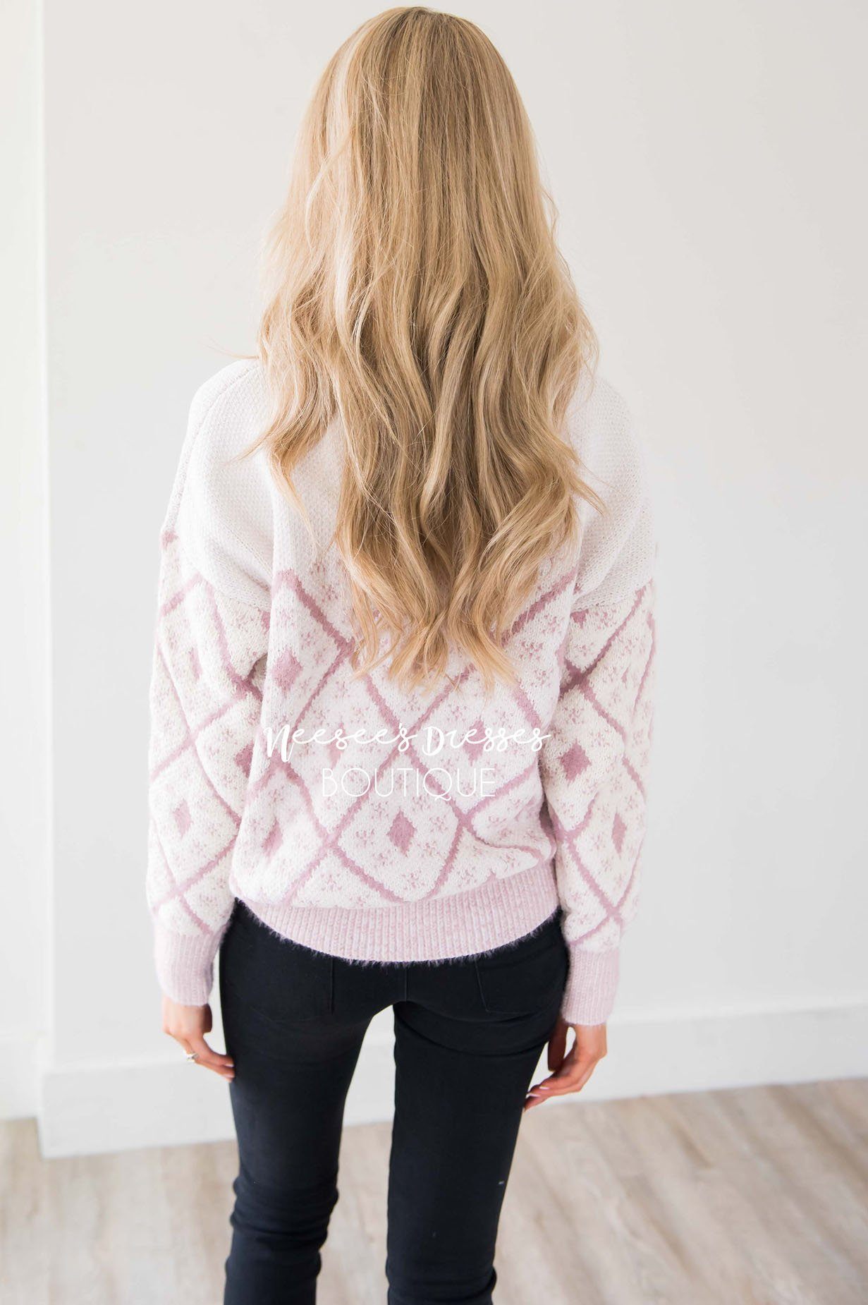 Dusty Pink & Ivory Diamond Print Sweater Tops vendor-unknown 