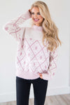 Dusty Pink & Ivory Diamond Print Sweater Tops vendor-unknown