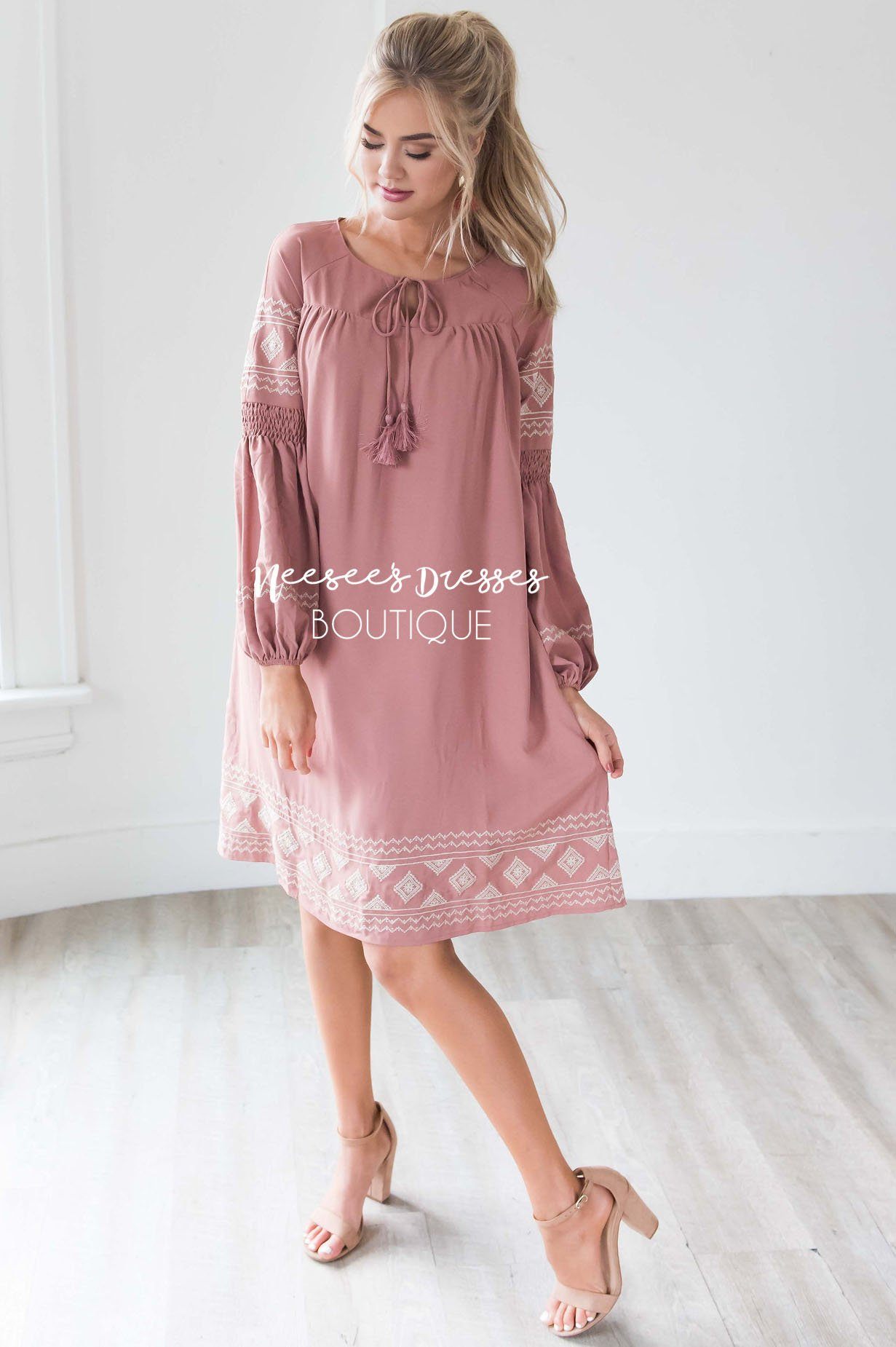 The Allie Boho Embroidered Dress Modest Dresses vendor-unknown 