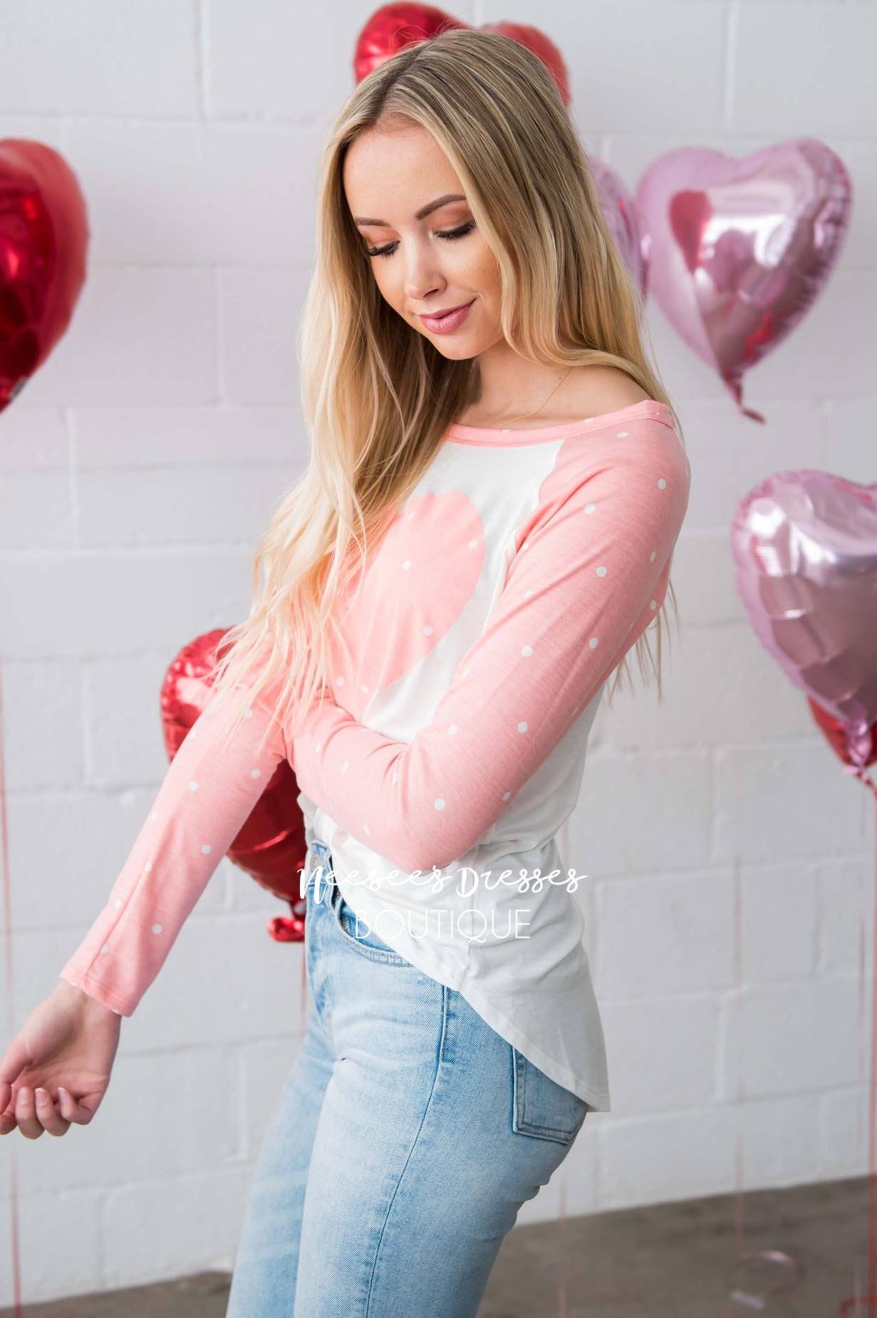 Polka Dotted Heart Baseball Tee Tops vendor-unknown 