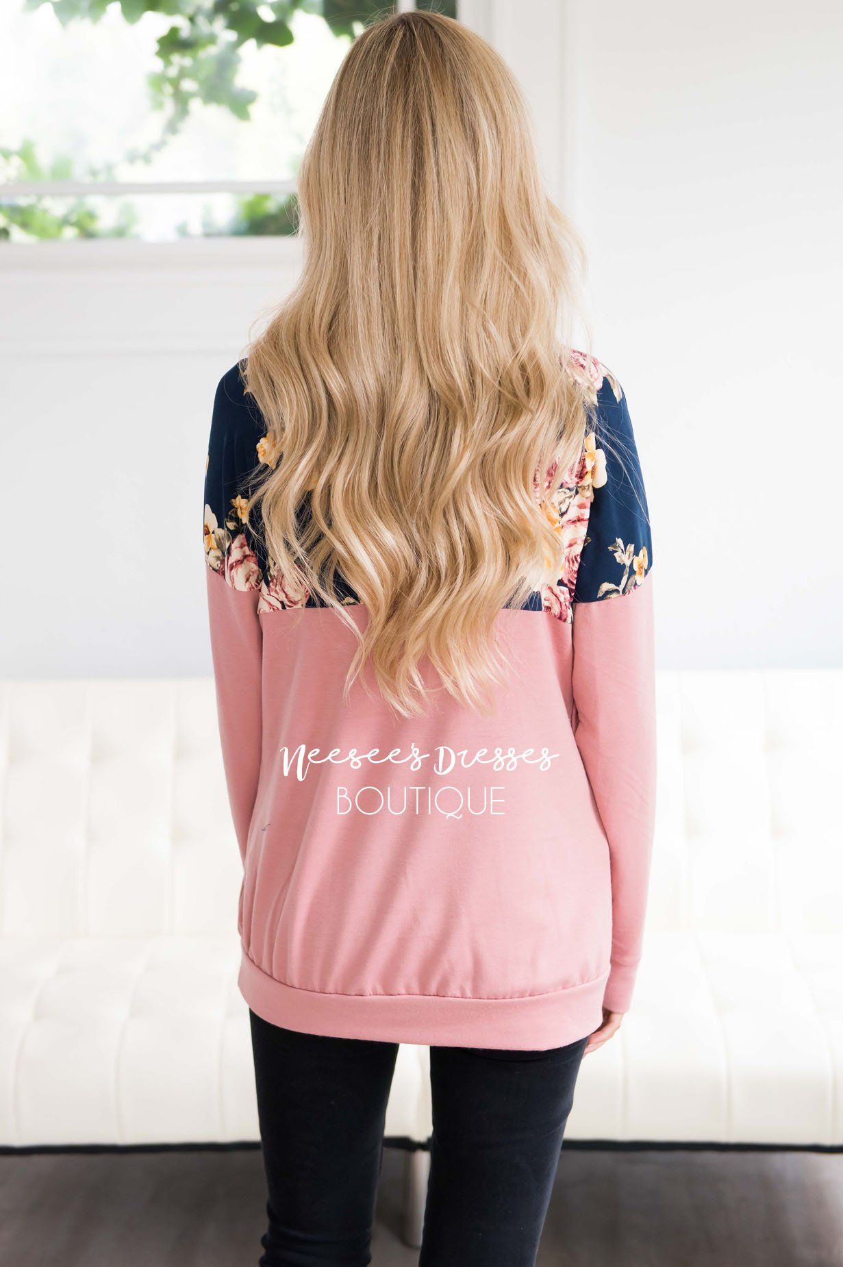 Floral Top Pink Cowl Neck Sweater Tops vendor-unknown 