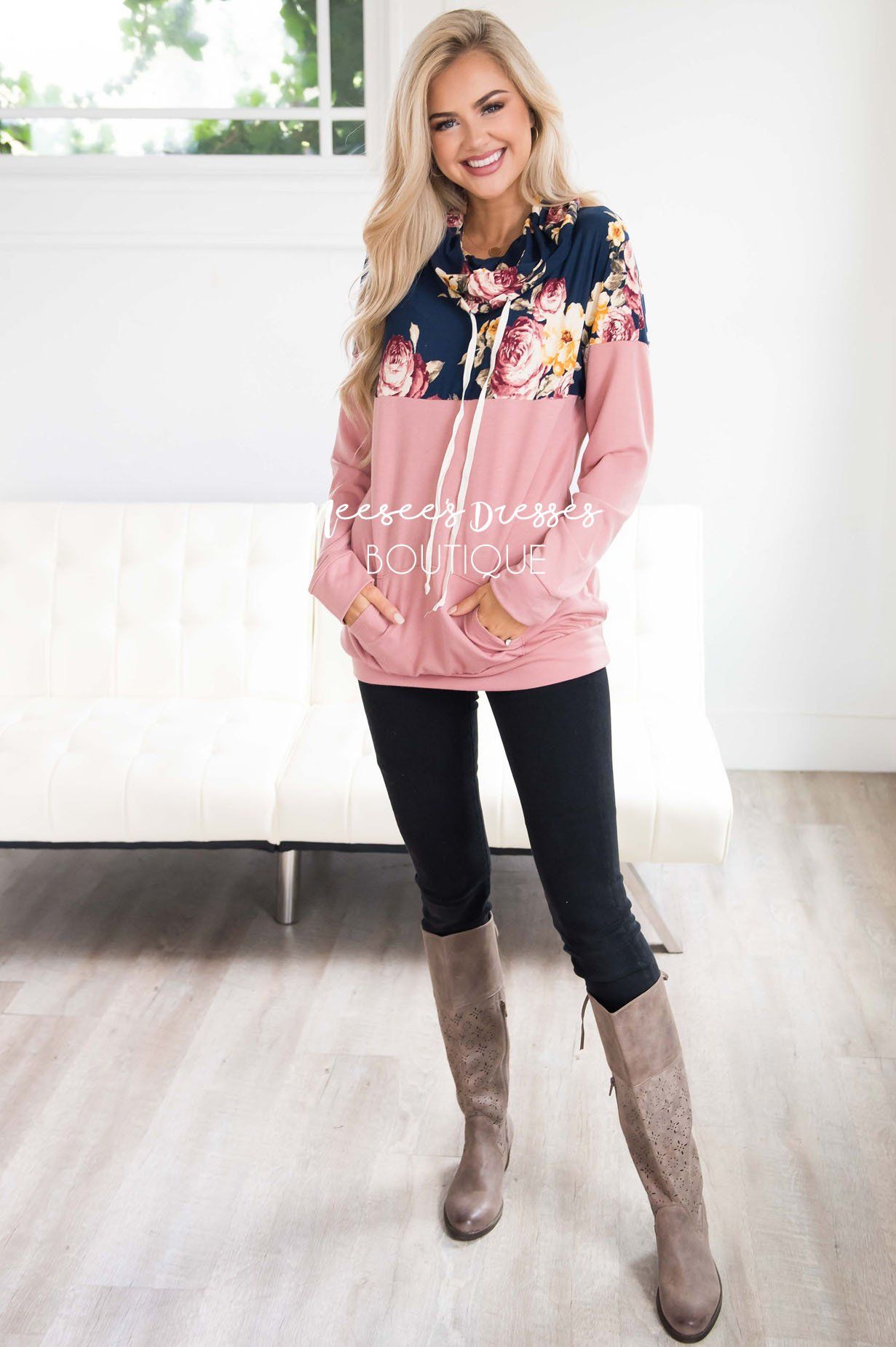 Floral Top Pink Cowl Neck Sweater Tops vendor-unknown 