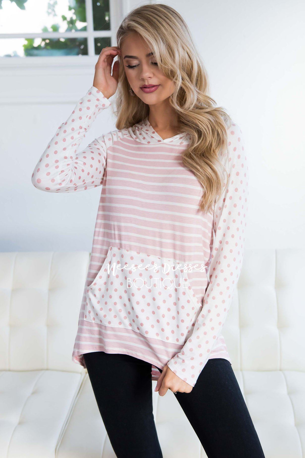 Striped Polka Dot Sleeve Hoodie Tops vendor-unknown 