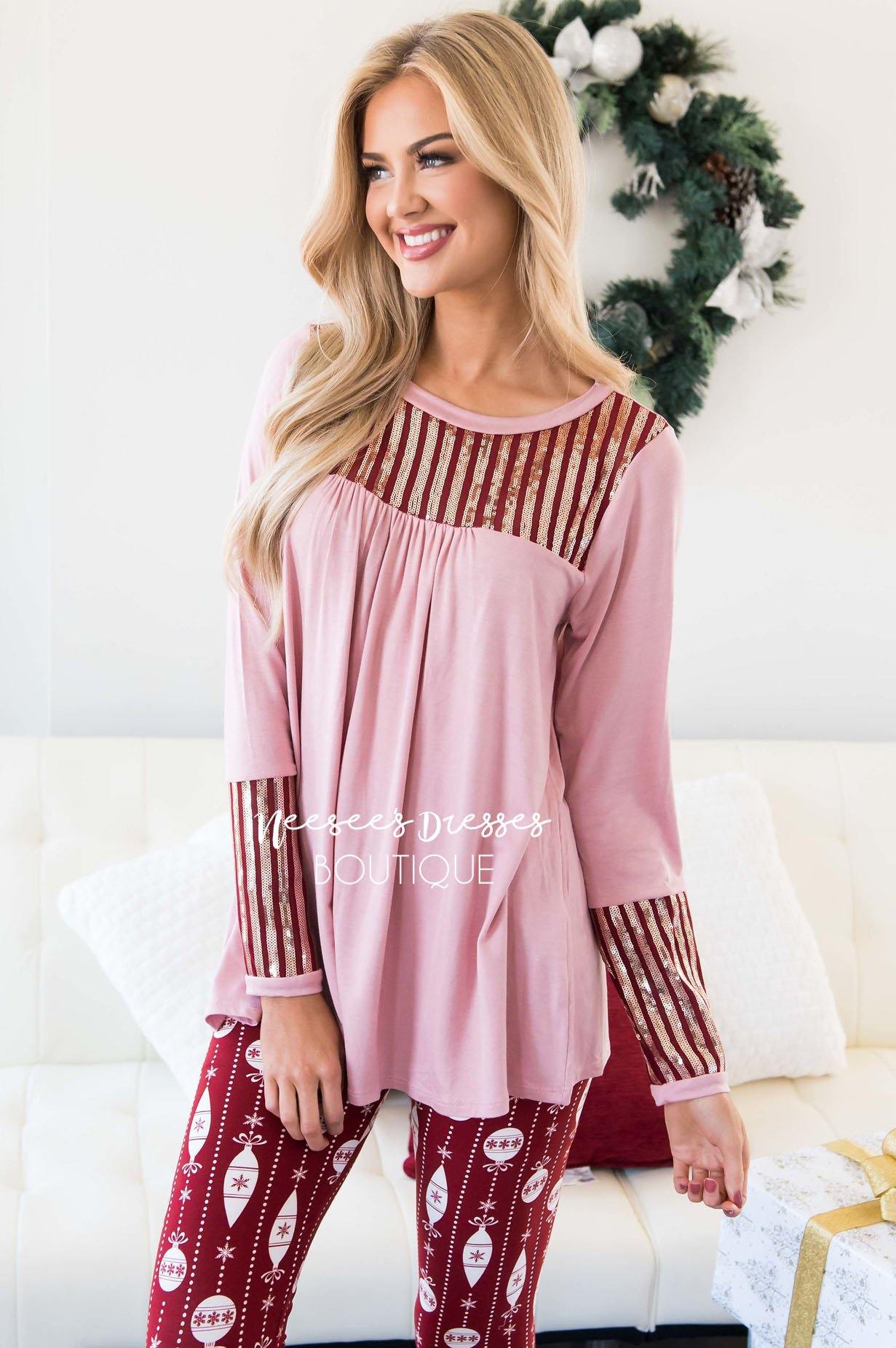 Sequin Striped Long Sleeve Top Tops vendor-unknown 