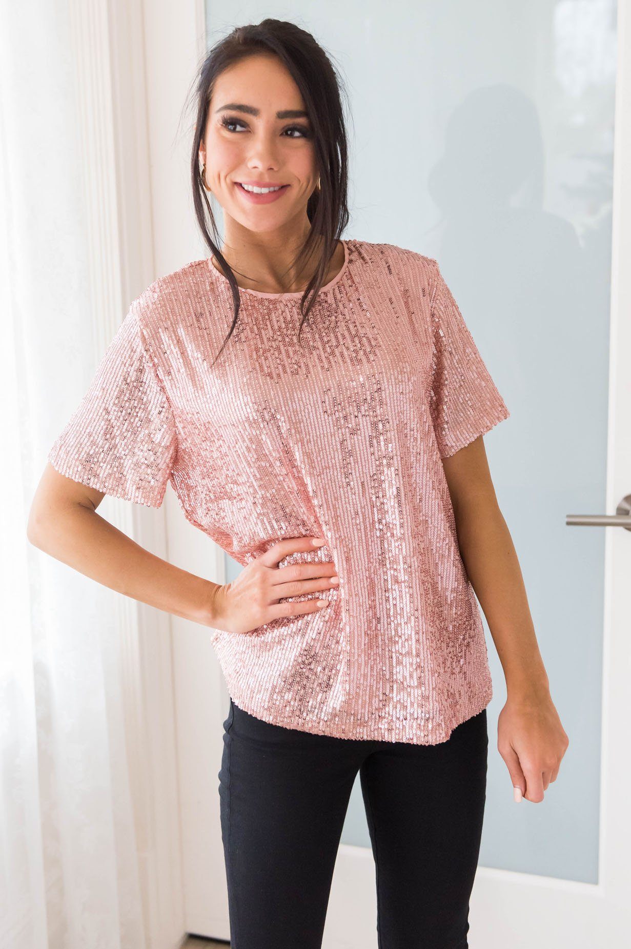 Love Actually Modest Sequin Blouse Tops vendor-unknown 