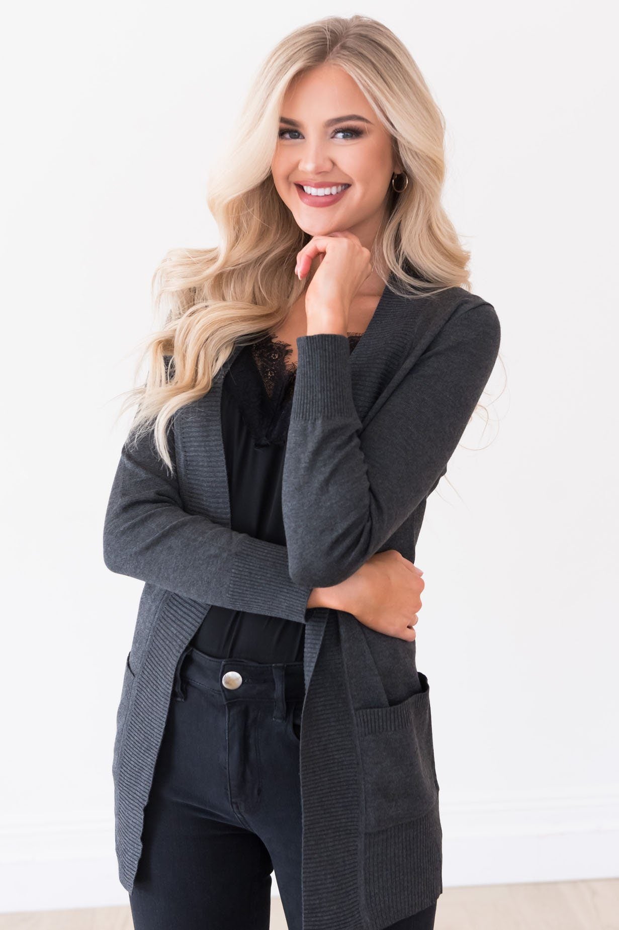 Long Distance Modest Pocket Cardigan Tops vendor-unknown 