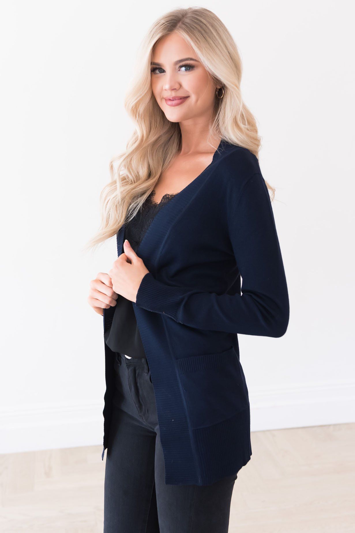 Long Distance Modest Pocket Cardigan Tops vendor-unknown 