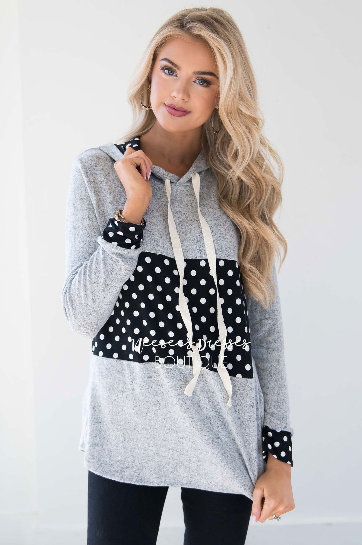 Soft Gray Hoodie Black White Polka Dots Cute Comfy Fall Cardigans