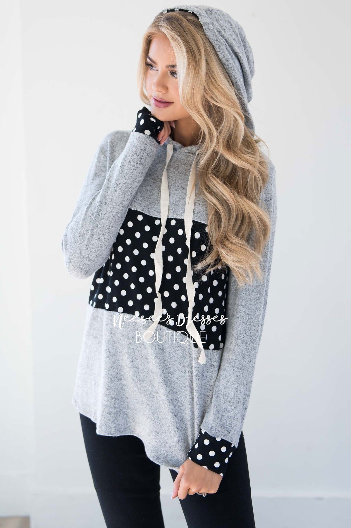 Soft Gray Hoodie Black White Polka Dots Cute Comfy Fall Cardigans