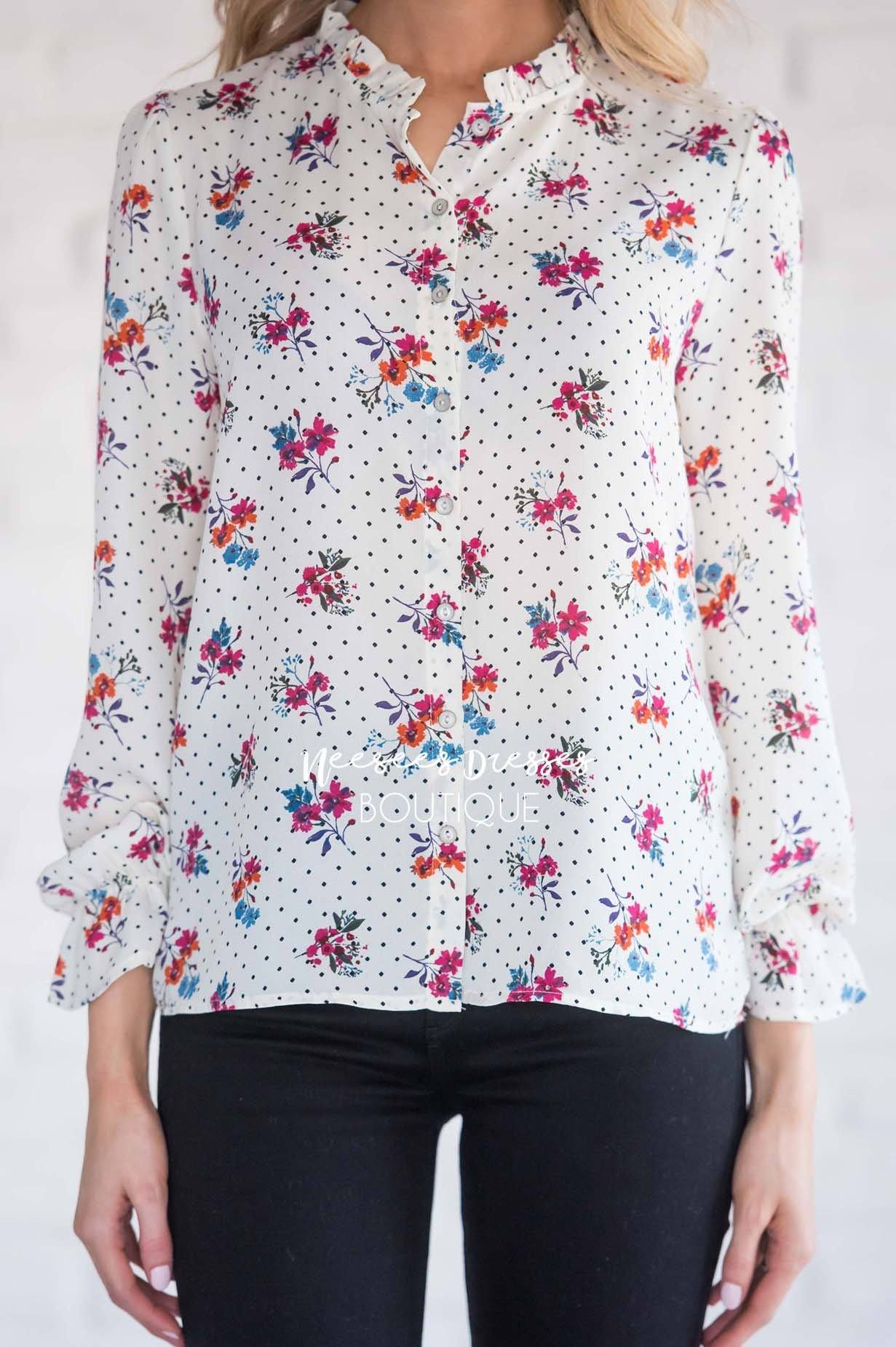 Ruffle Neck Polka Dot Floral Blouse Tops vendor-unknown 