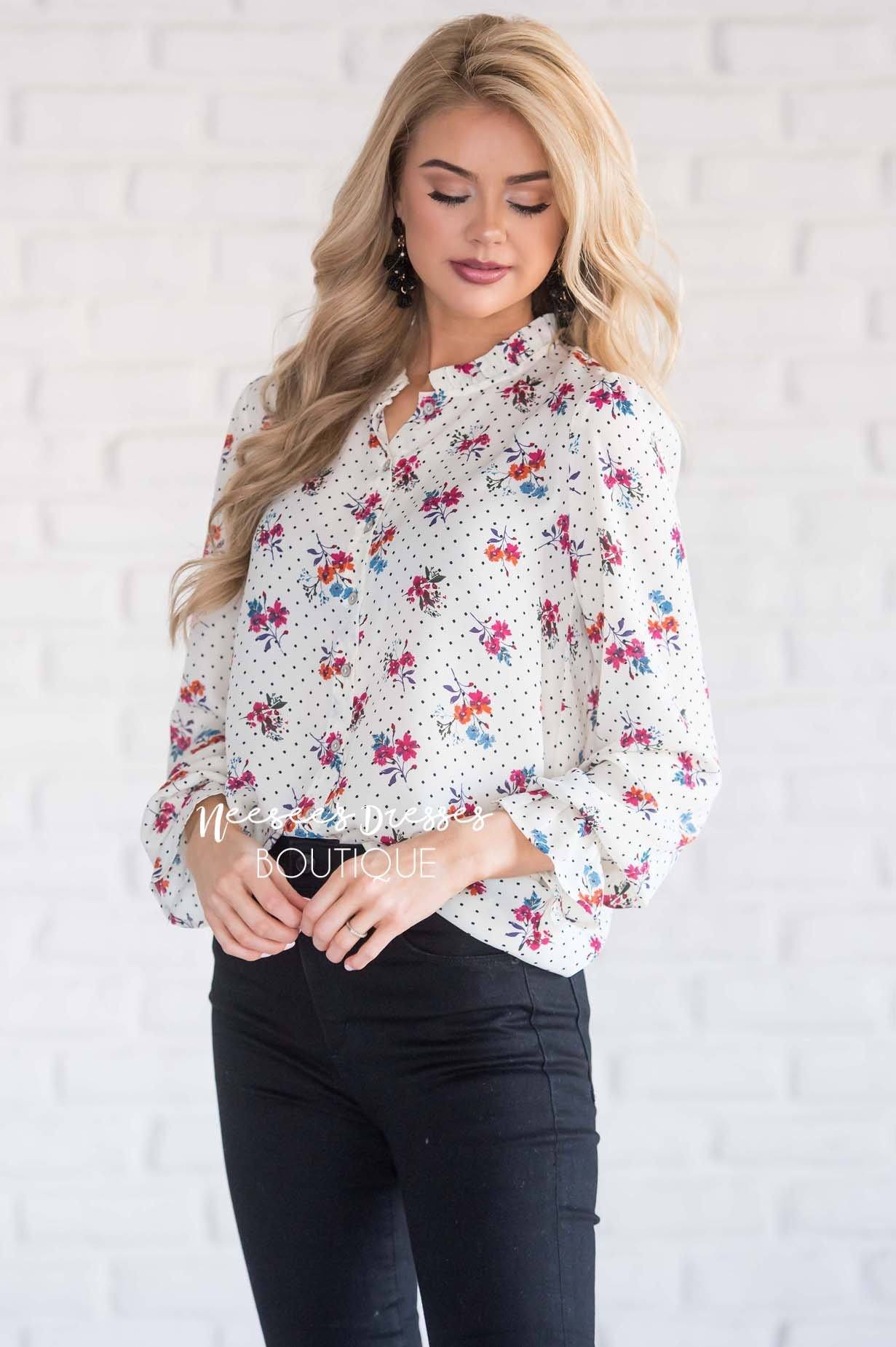 Ruffle Neck Polka Dot Floral Blouse Tops vendor-unknown 