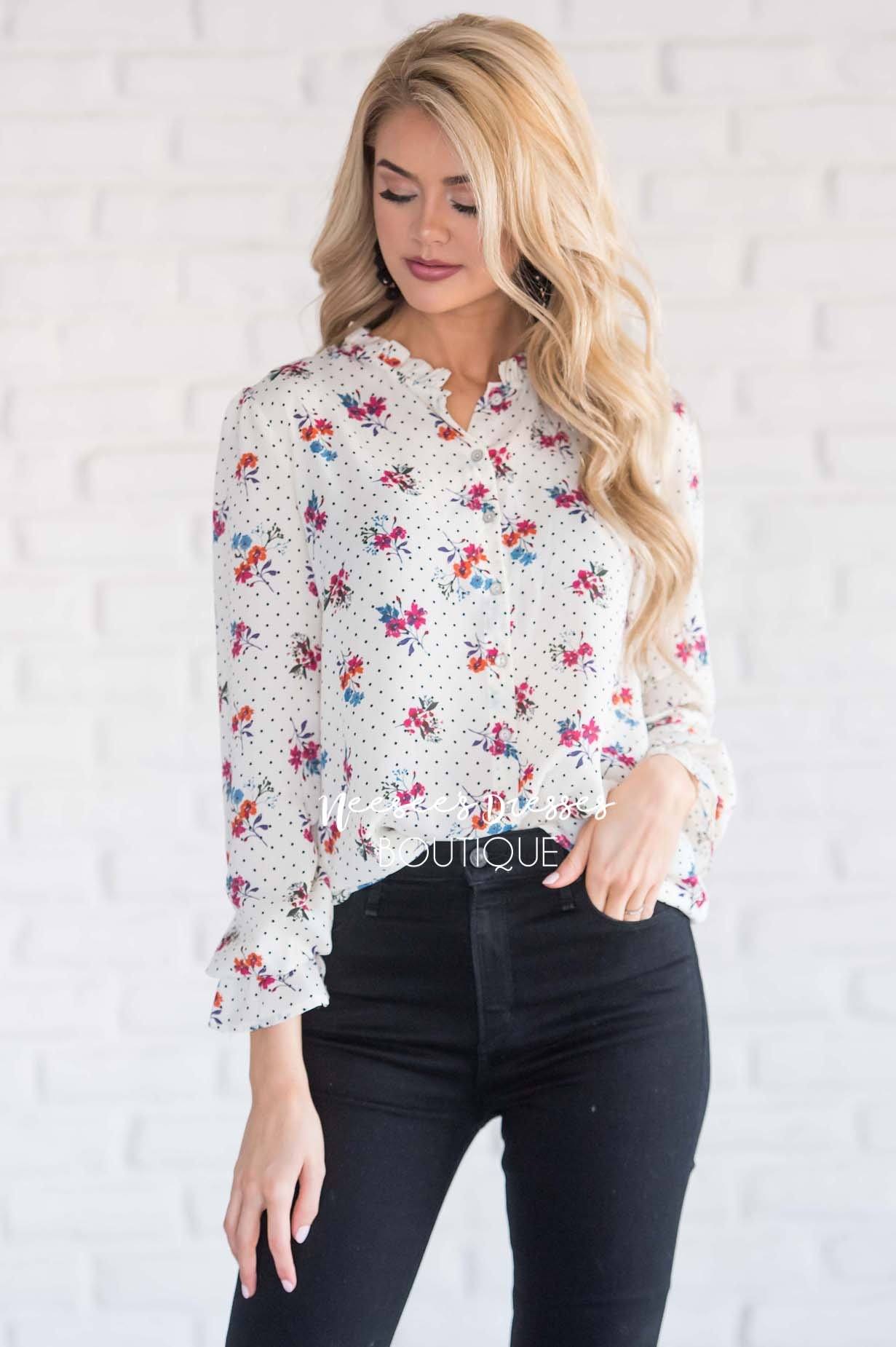 Ruffle Neck Polka Dot Floral Blouse Tops vendor-unknown 