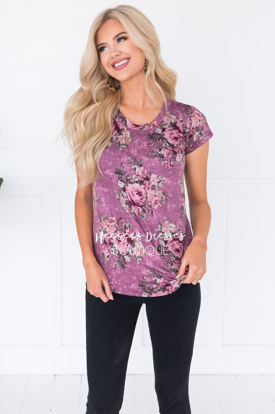 Anytime Floral Modest Top Tops vendor-unknown 