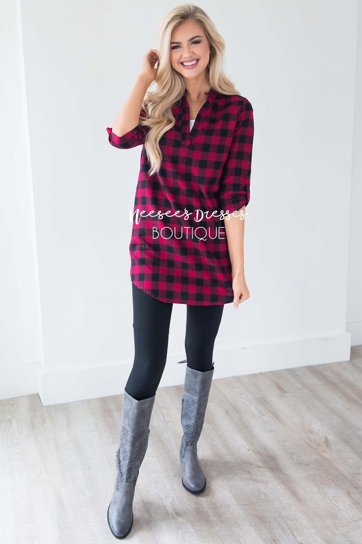 Cute in Plaid Flannel Tunic Tops vendor-unknown 
