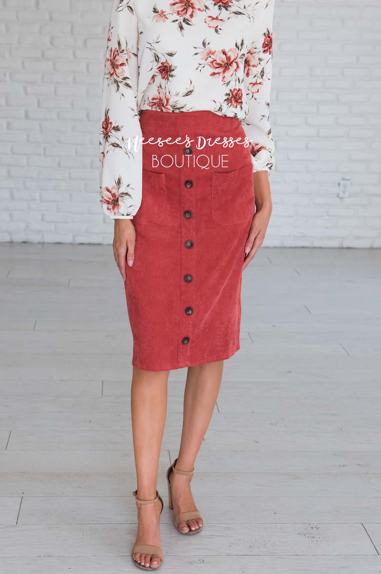 Corduroy Button Detail Skirt Skirts vendor-unknown 