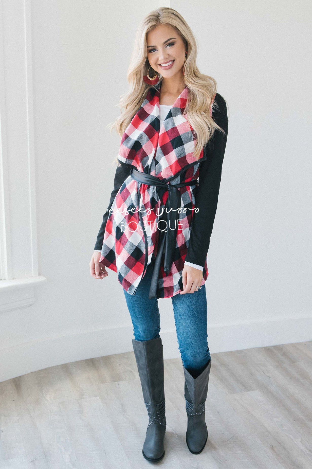 Plaid Tie Waist Coat Tops vendor-unknown 