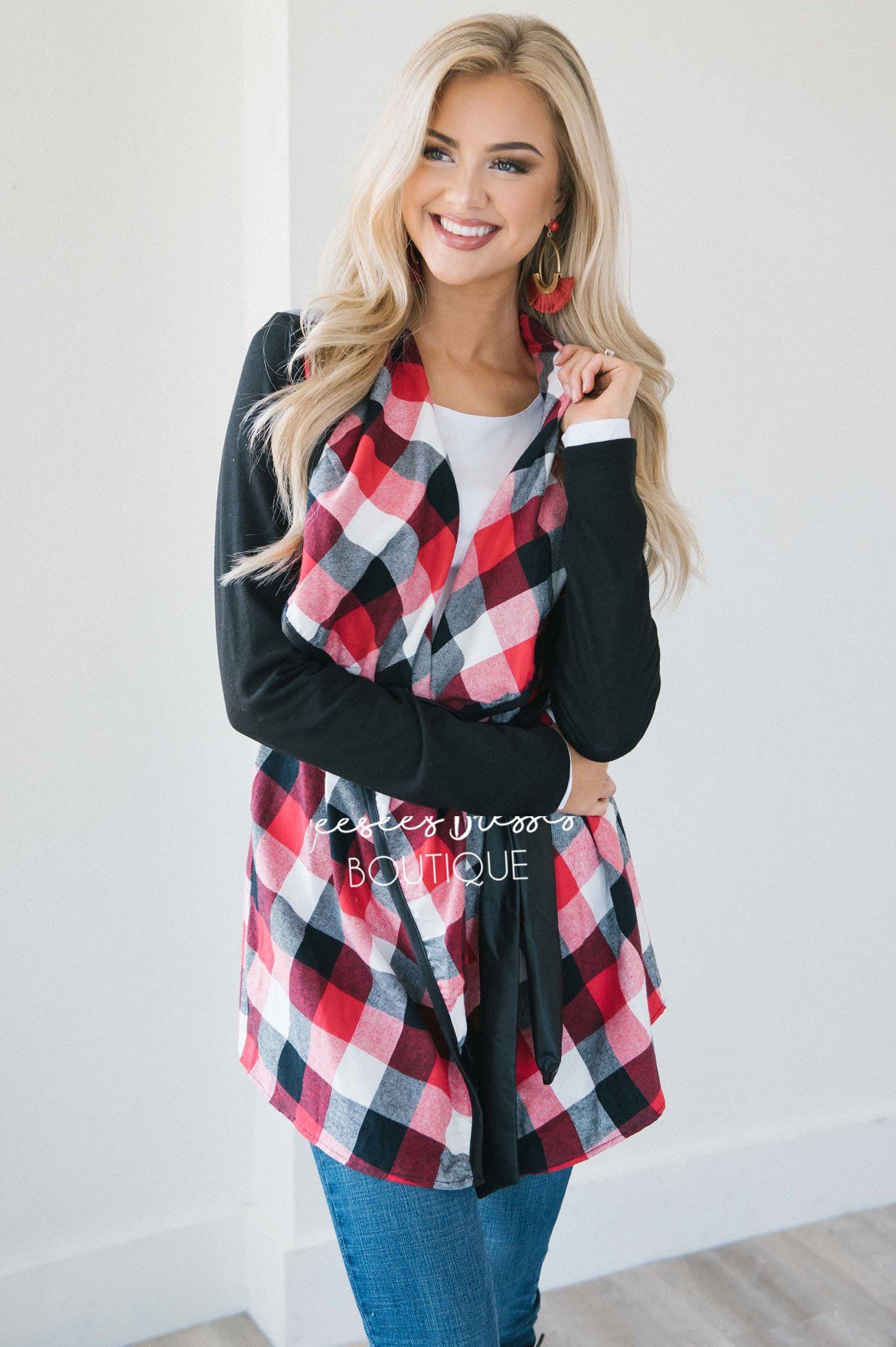 Plaid Tie Waist Coat Tops vendor-unknown 