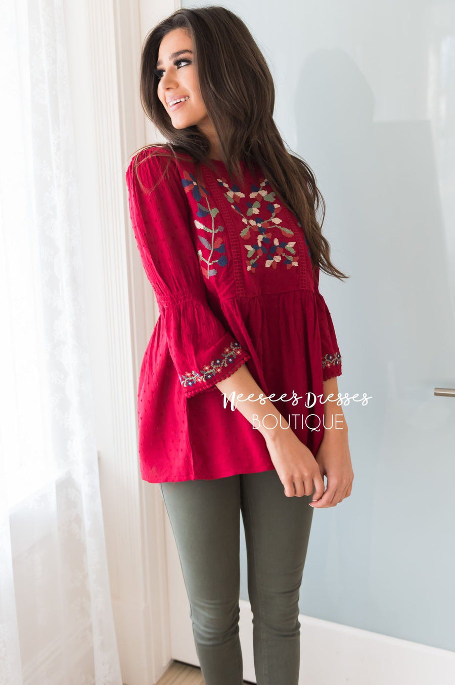 Looking Up Modest Embroidered Blouse