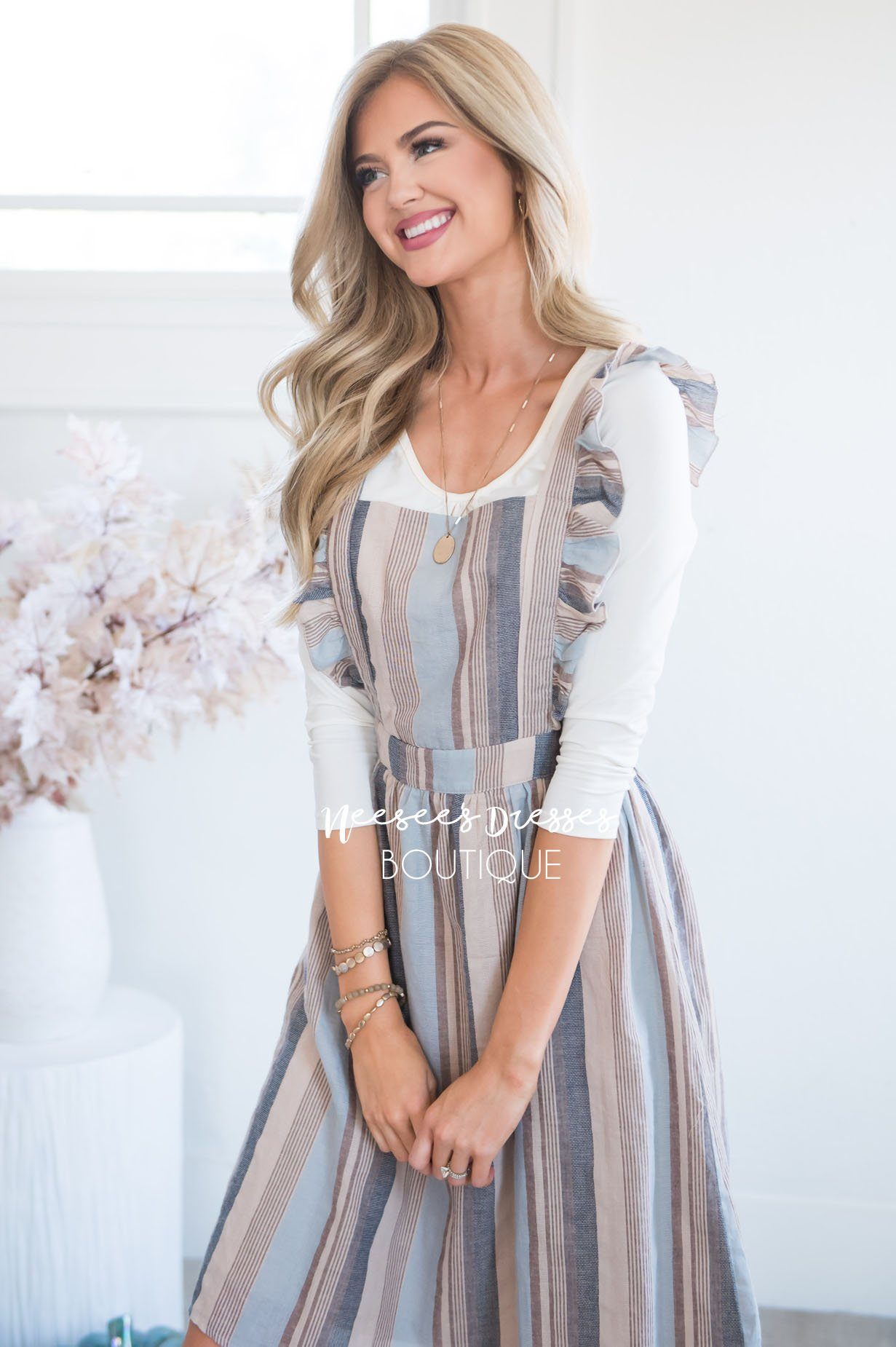 The Jayne Striped Ruffle Overall Dress Modest Dresses vendor-unknown 