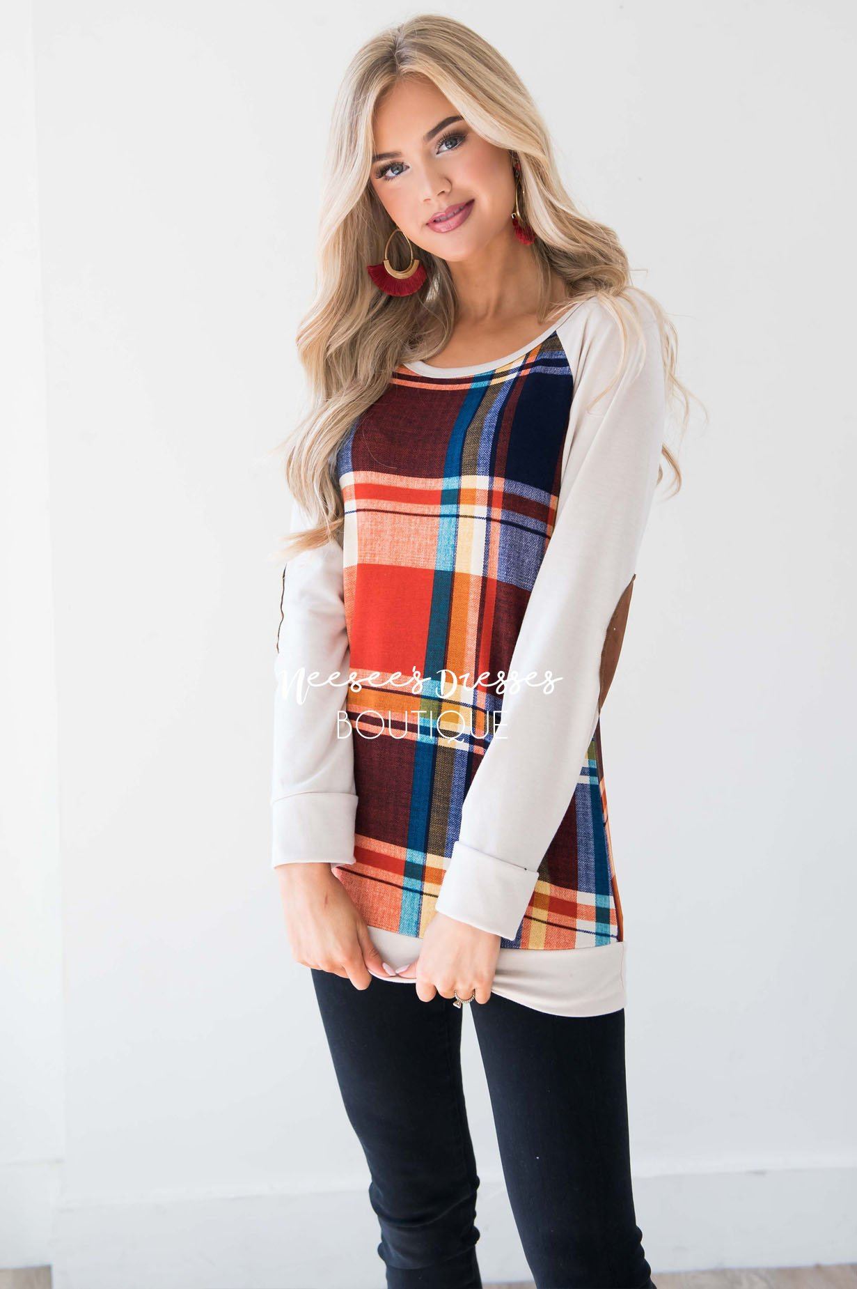 Rust Plaid Elbow Patch Sweater Tops vendor-unknown 
