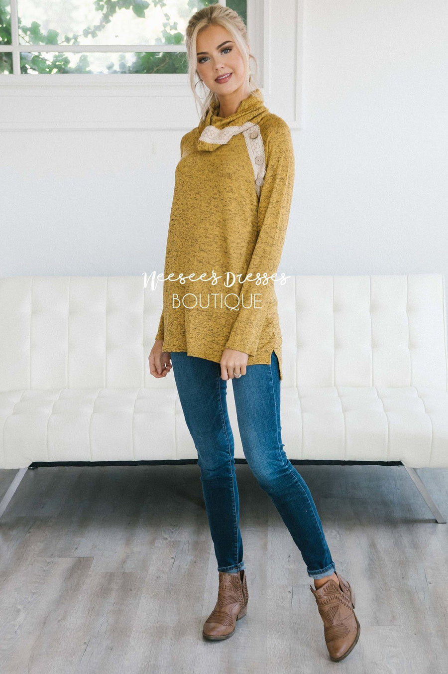 Lace & Buttons Cowl Neck Sweater Tops vendor-unknown 