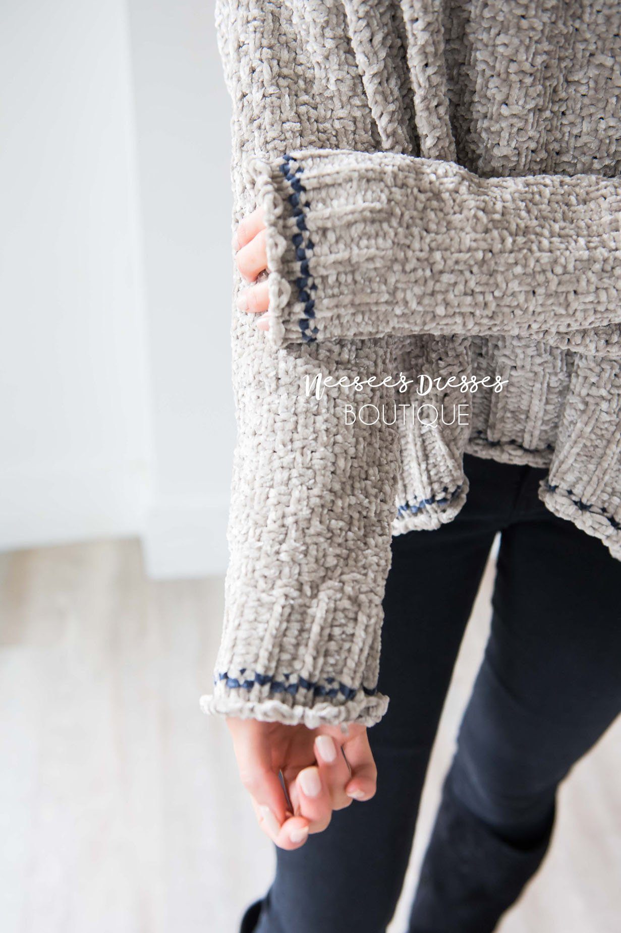 Soft Chenille Contrast Stitch Knit Sweater Tops vendor-unknown 