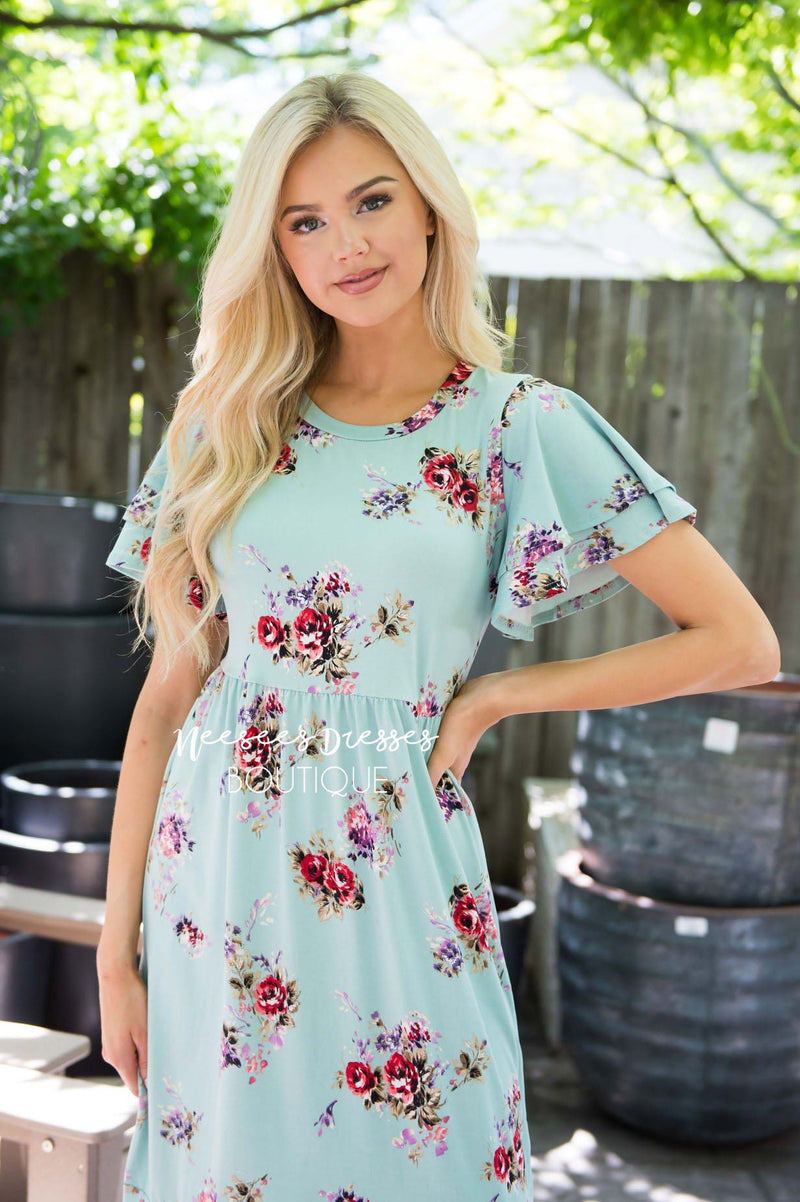 Mint Floral Ruffle Sleeve Modest Dress | Best and Affordable Modest ...